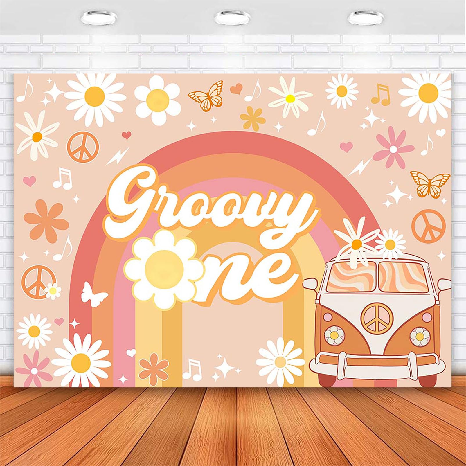 Avezano Groovy One Happy Birthday Backdrop Daisy Floral Girls 1St Birthday Party Decorations For Newborn Boho Rainbow Bus First