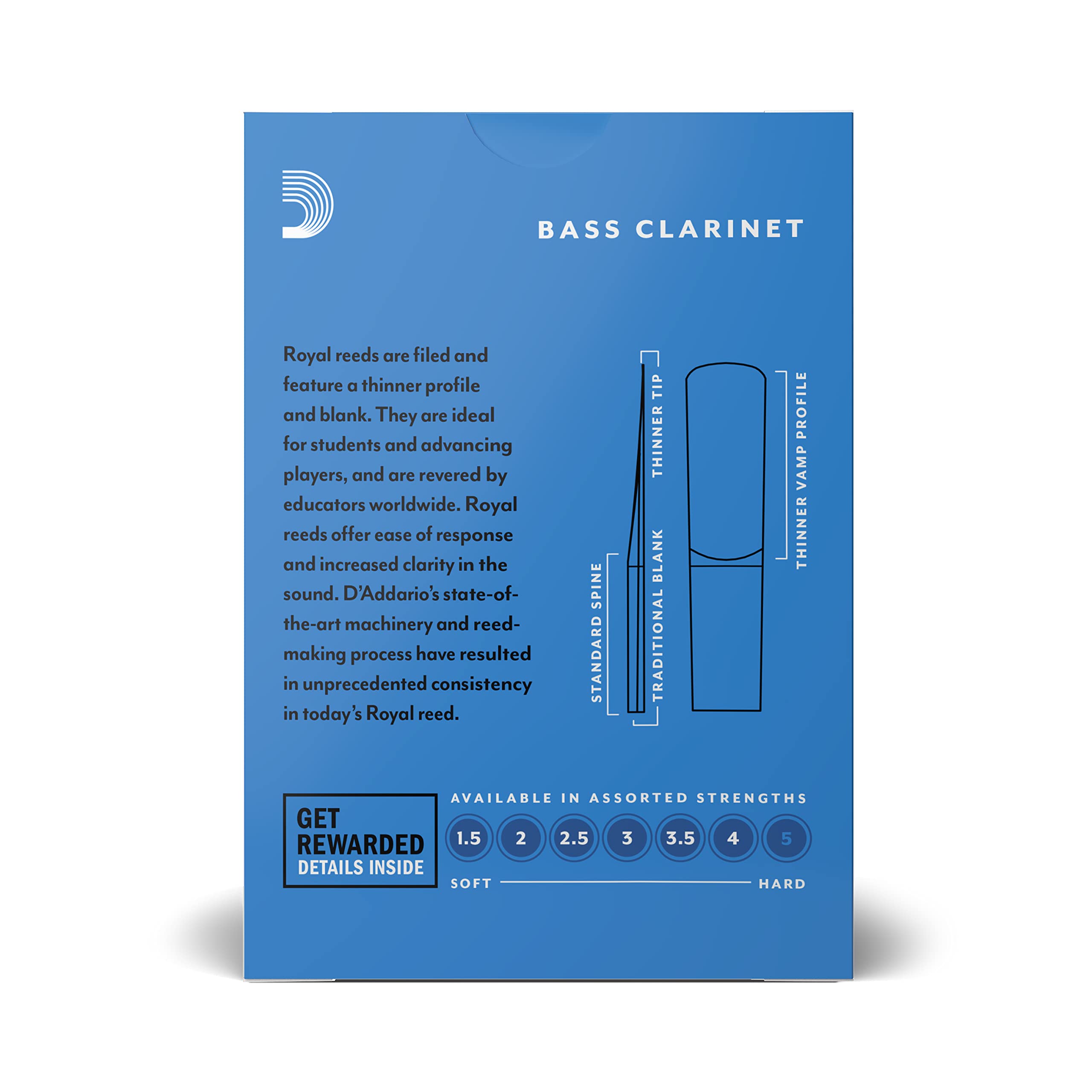 D   Addario Woodwinds Royal Bass Clarinet Reeds, Strength 2.5, 10 Pack