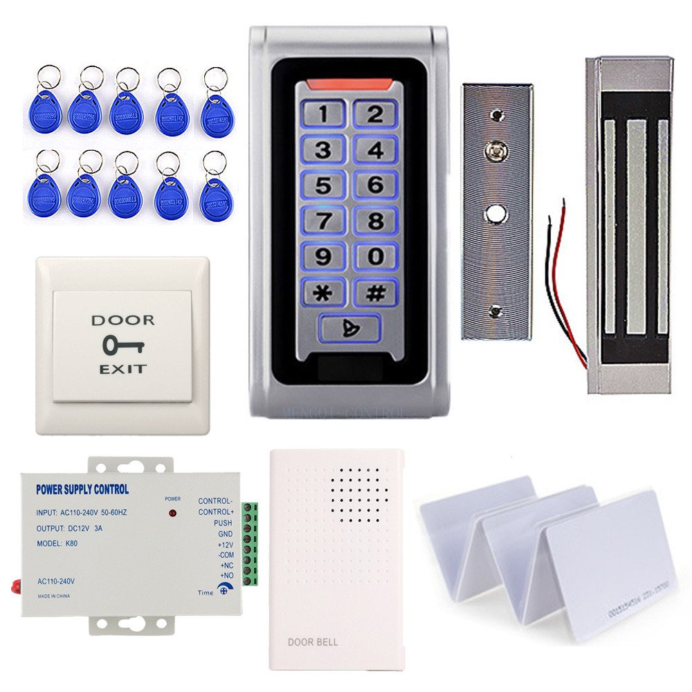 Mengqi Control Waterproof Metal Rfid Keypad Door Entry Systems & 600Lbs Electric Magnetic Lock+110V Power Supply+Push To Exit Button+Rfid Keychains/Cards