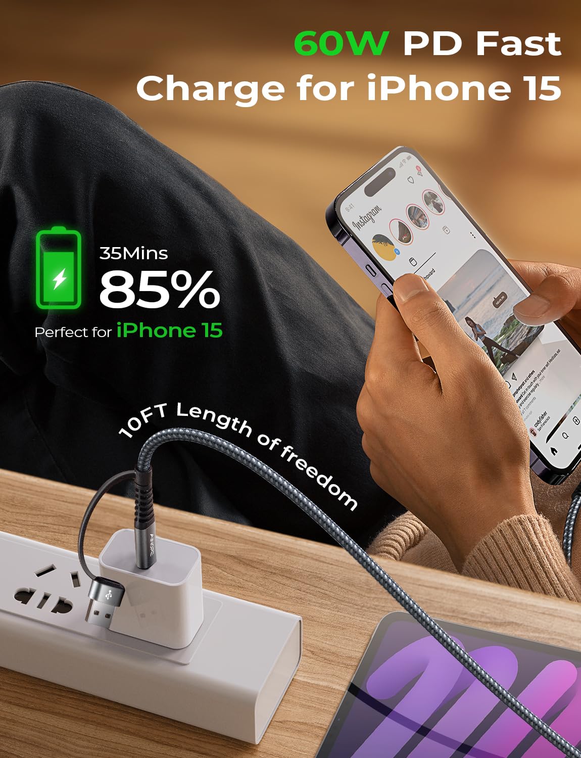 Ainope Car Carplay Cable For Iphone 15, 3Ft Usb A To Usb C For Carplay Usb C Cord Fast Charging Carplay Adapter For Apple Carpla