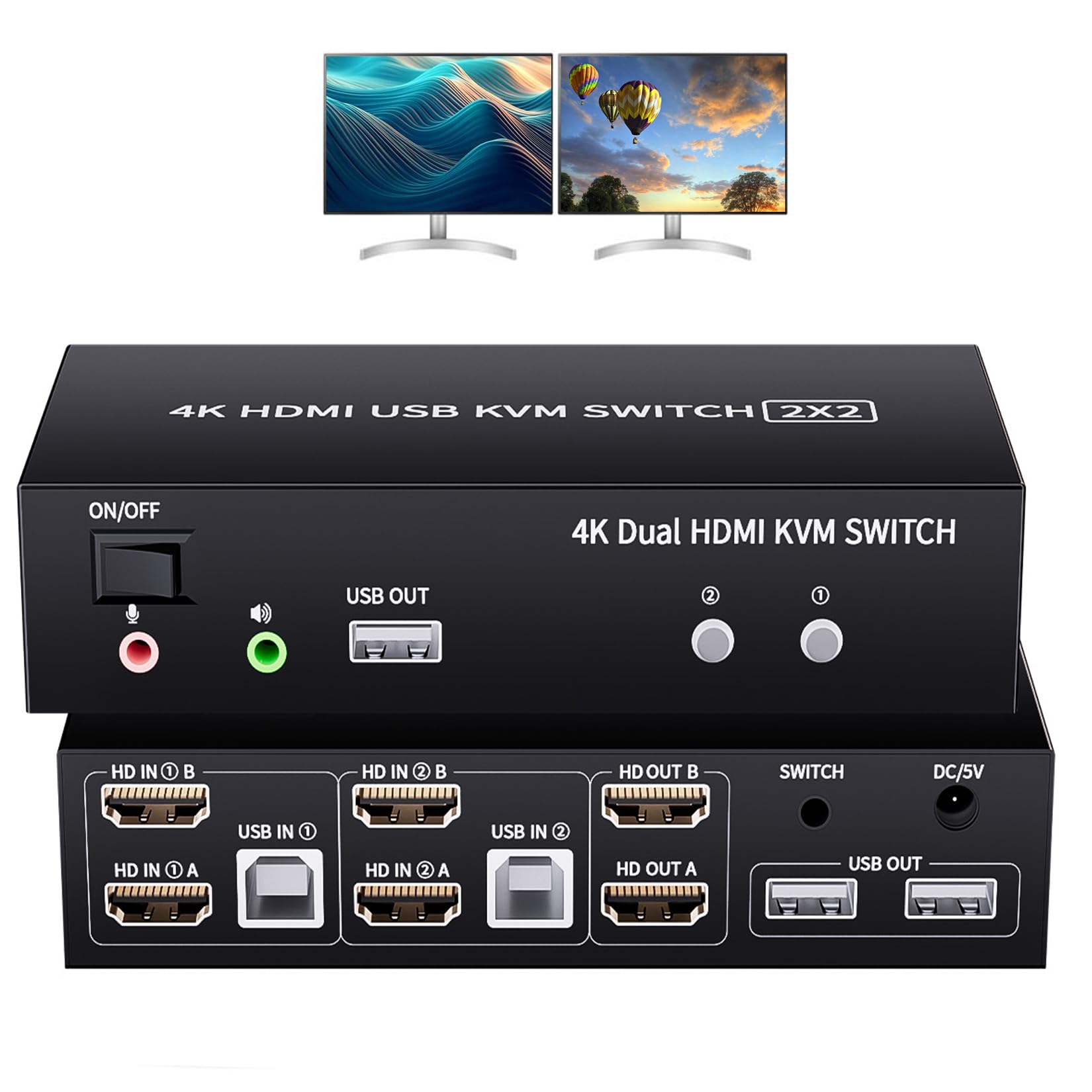 2 Ports Dual Monitor Kvm Switch, 4K@60Hz Kvm Switch 2 Monitors 2 Computers, Kvm Dual Monitor Hdmi Switcher 2X2 For 2 Computers S