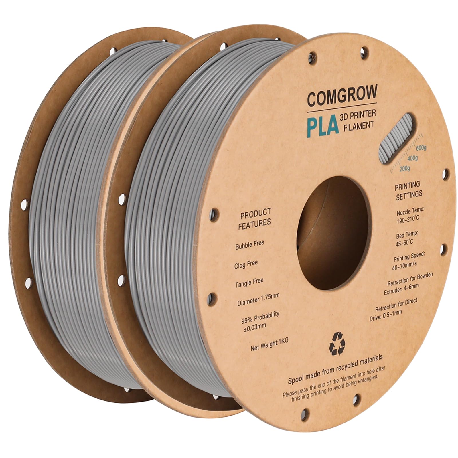 Comgrow Pla 3D Printer Filament, 3D Printer Pla Filament 1.75Mm, Dimensional Accuracy +/  0.02 Mm, 2 Rolls Of 1Kg Spool Pla Grey