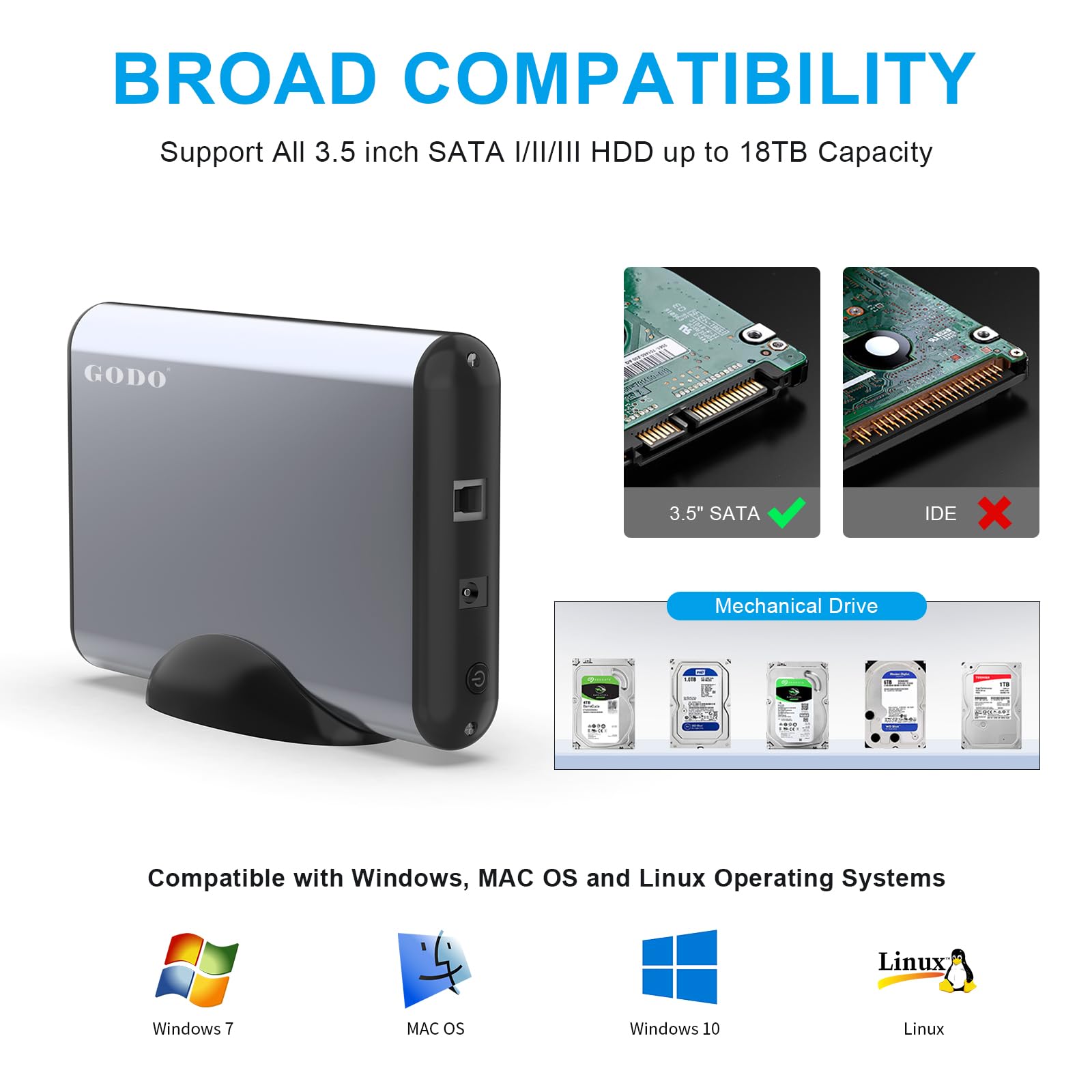 Godo 3.5 Inch External Hard Drive Enclosure For 2.5 3.5 Sata Hdd Ssd,Usb 3.0 To Aluminum Hard Drive Dock Case With Stand,Support