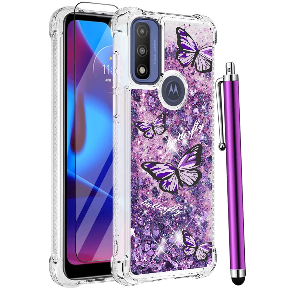 Caiyunl For Moto G Pure Case, Moto G Power 2022 Case With Glass Screen Protector, Women Girls Glitter Bling Floating Liquid Spar
