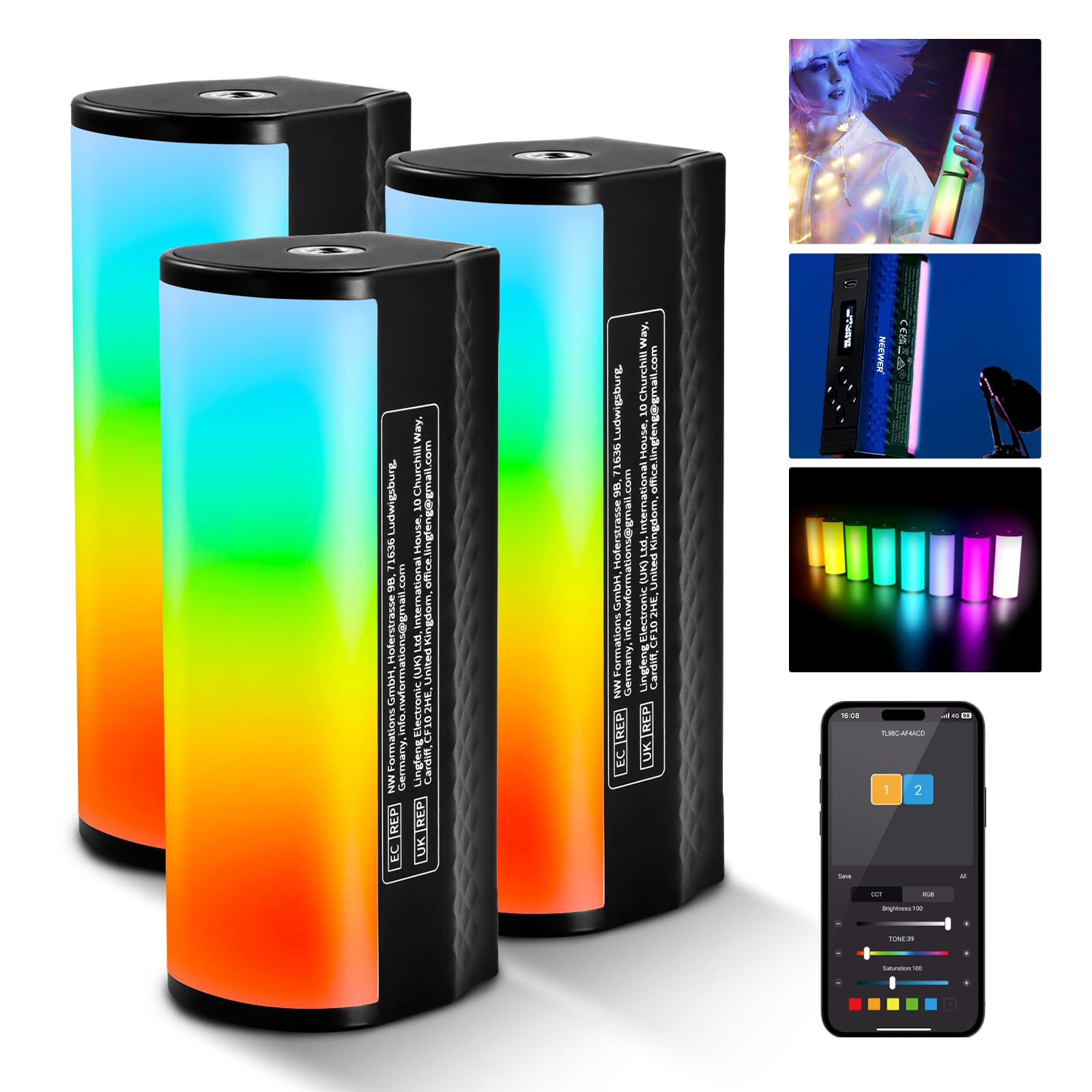 NEEWER 3PCS Pro Magnetic Handheld Light Wands, APP DMX Control/Custom Effects/Light Group, 360 Full RGB, 2600mAh 2500-10000K Dim