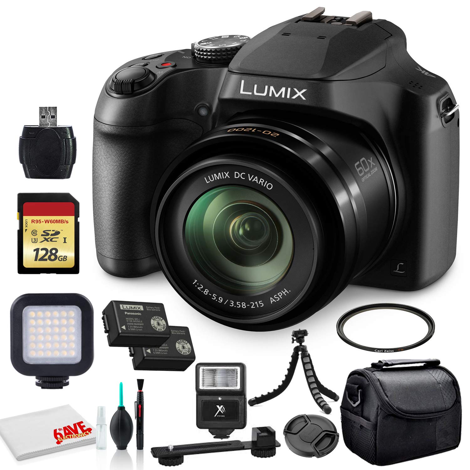 Panasonic Lumix DC-FZ80D / DC-FZ85D Digital Camera (DC-FZ80D / DC-FZ85DK) - Bundle - with 128GB Memory Card + LED Video Light + 