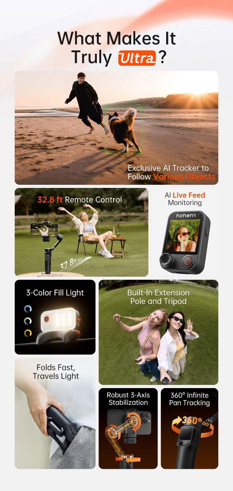 Hohem Isteady V3 Ultra Gimbal Stabilizer For Iphone,Phone Gimbal With Ai Tracking And Bi-Fill Light Built-In Extendable Rod & Tr