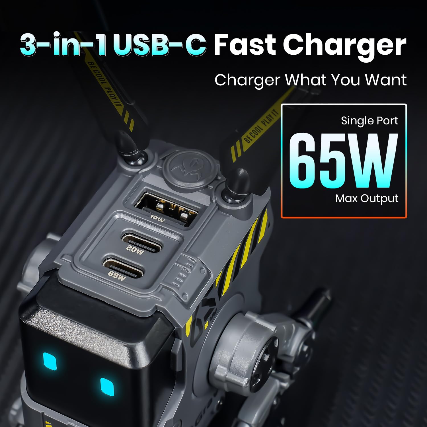 Gravastar 65W Usb C Charger, Alpha65 Robot Fast Gan Charger Block, 3 Port Fast Power Adapter, Foldable Compact Wall Usb C Charge