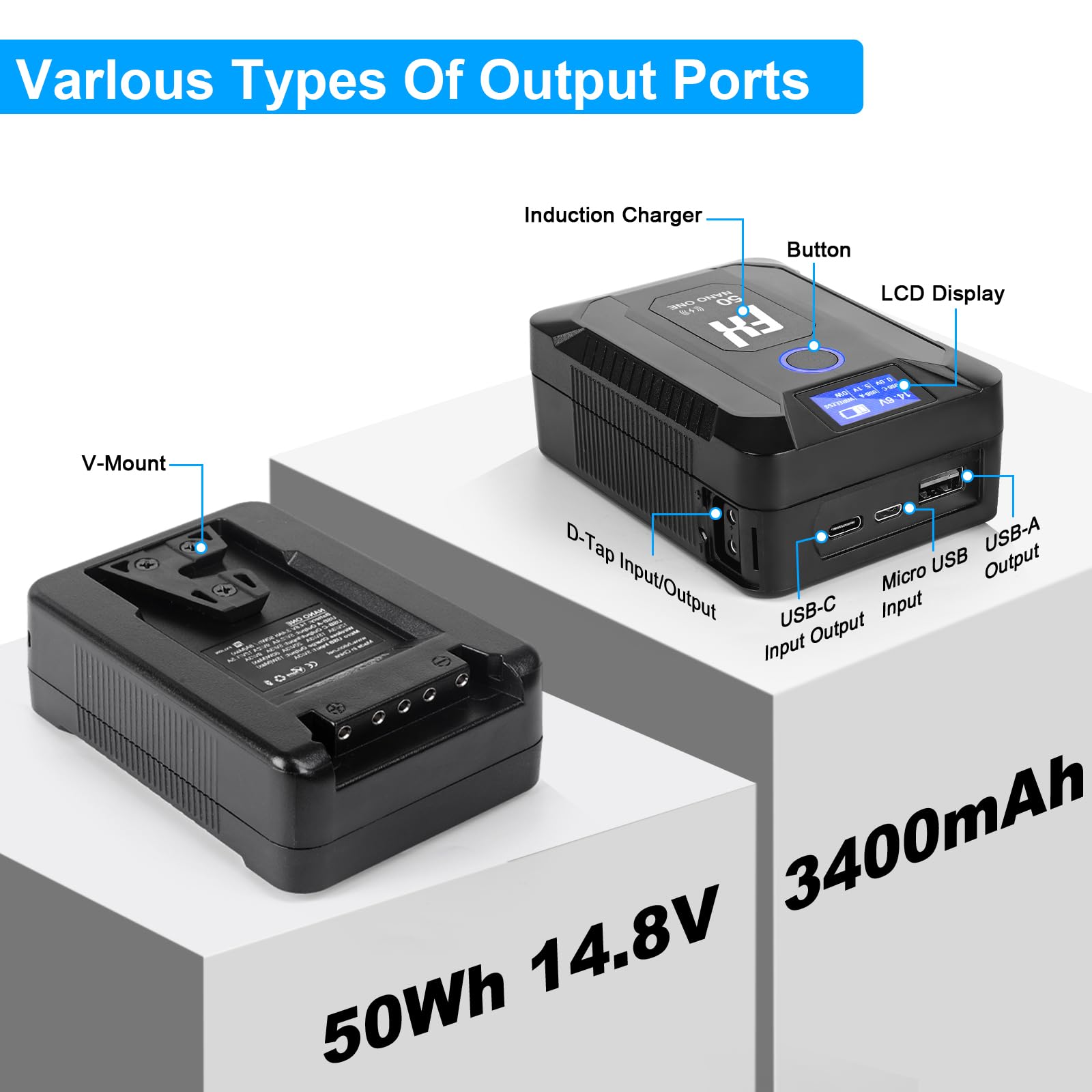Fxlion Nano One Upgraded V Mount Battery,50Wh 14.8V 3400Mah V Lock Battery Built In Wireless Charger,With D Tap,Usb A,Usb C Port