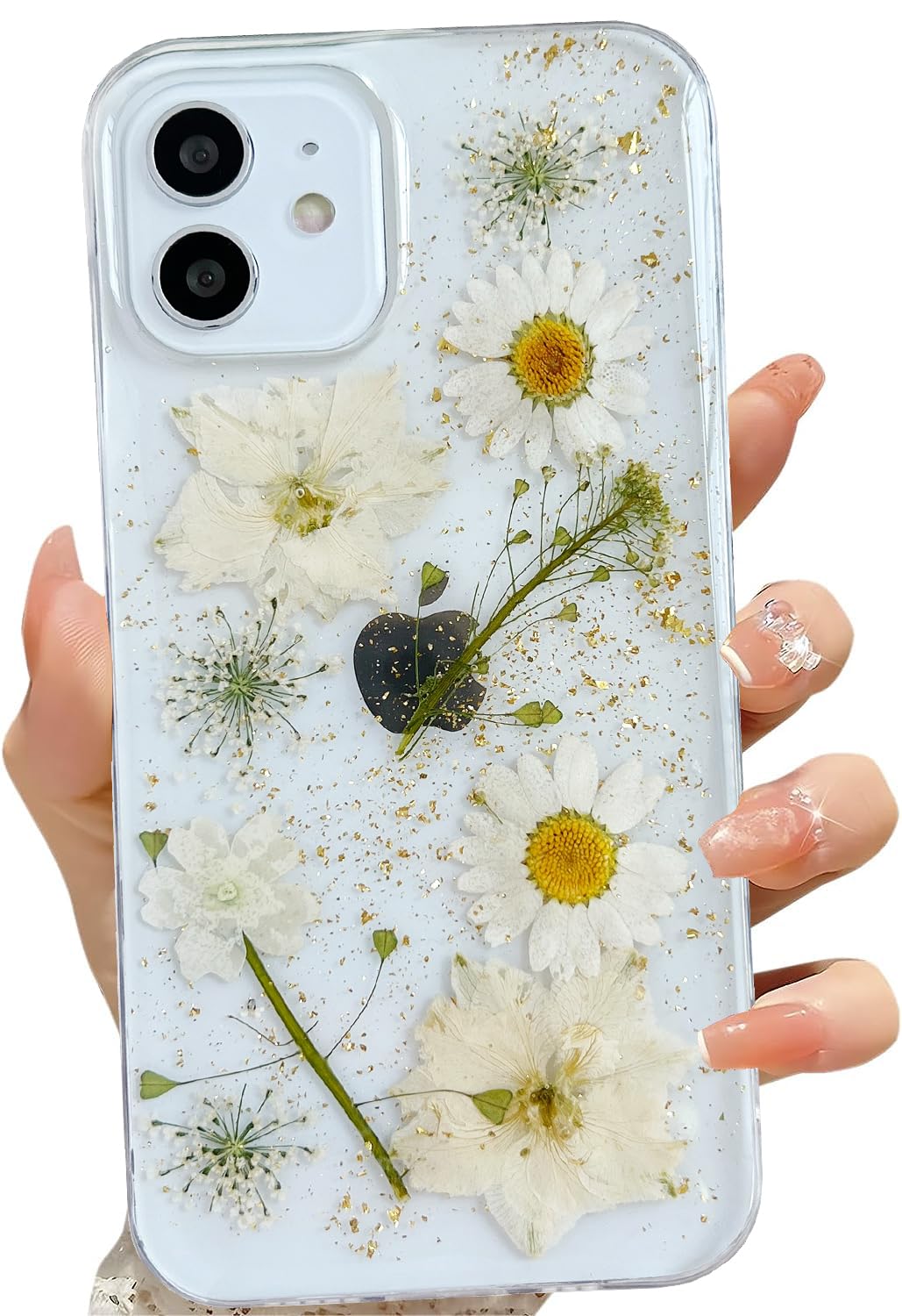 Lseeka For Iphone 12/ Iphone 12 Pro Clear Case With Pressed Real Flowers Design,Glitter Cute White Floral Pattern Slim Soft Tpu