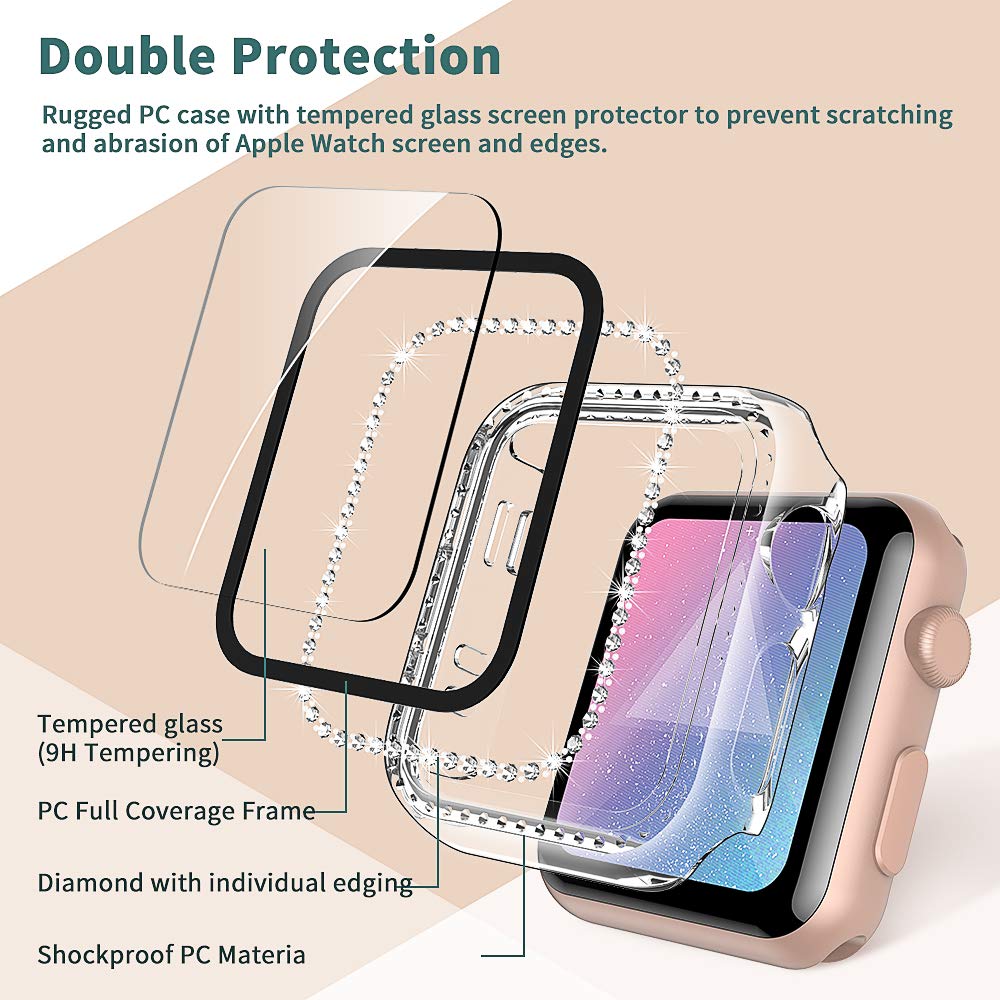 Tocol [2 Packs] Case Compatible For Apple Watch Series 3/2/1 42Mm With Built In Tempered Glass Screen Protector, Bling Crystal D