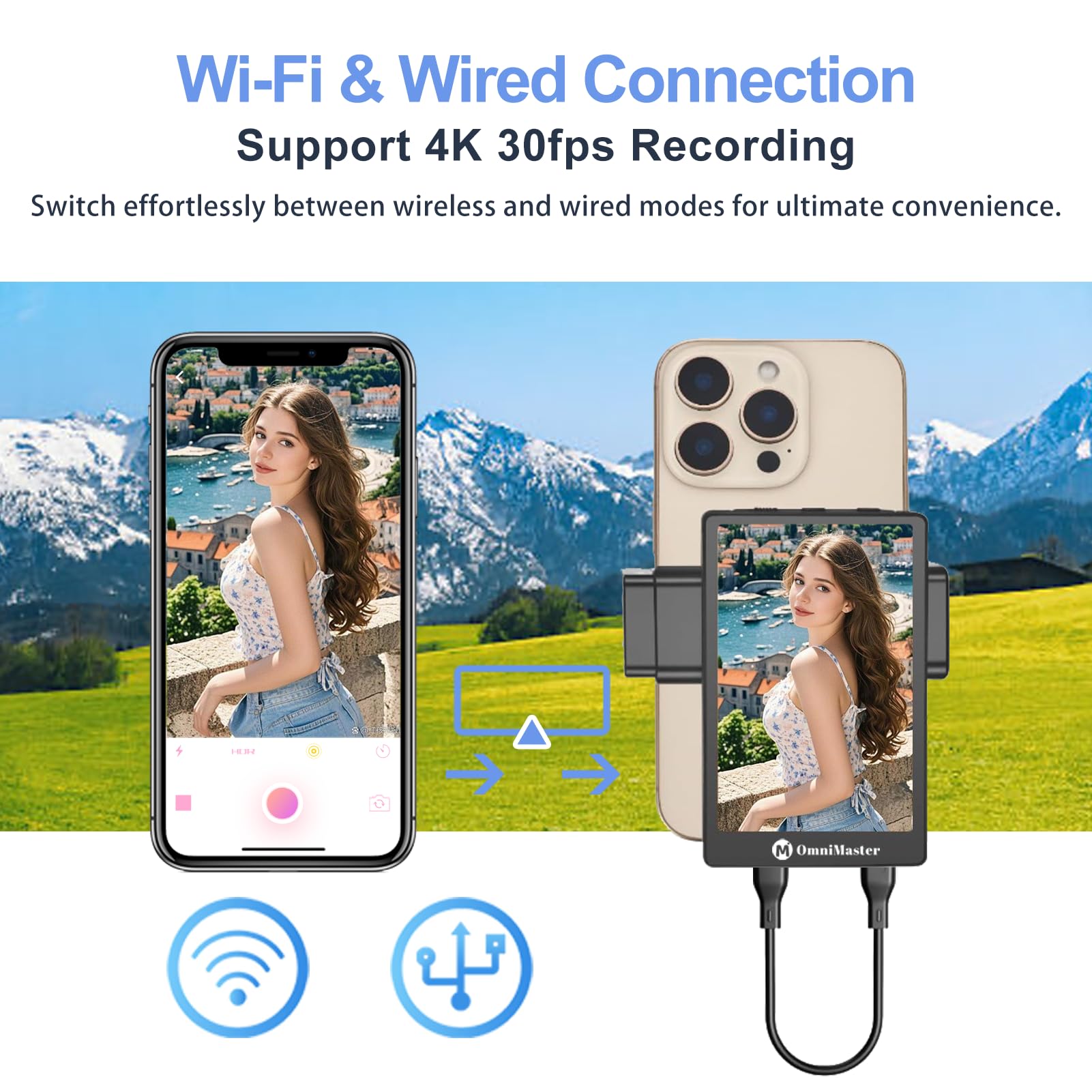 Omnimaster Phone Vlog Selfie Monitor Screen, Magnetic Phone Holder Clip Mount, Using Rear Camera For Selfie Vlog Or Live Stream