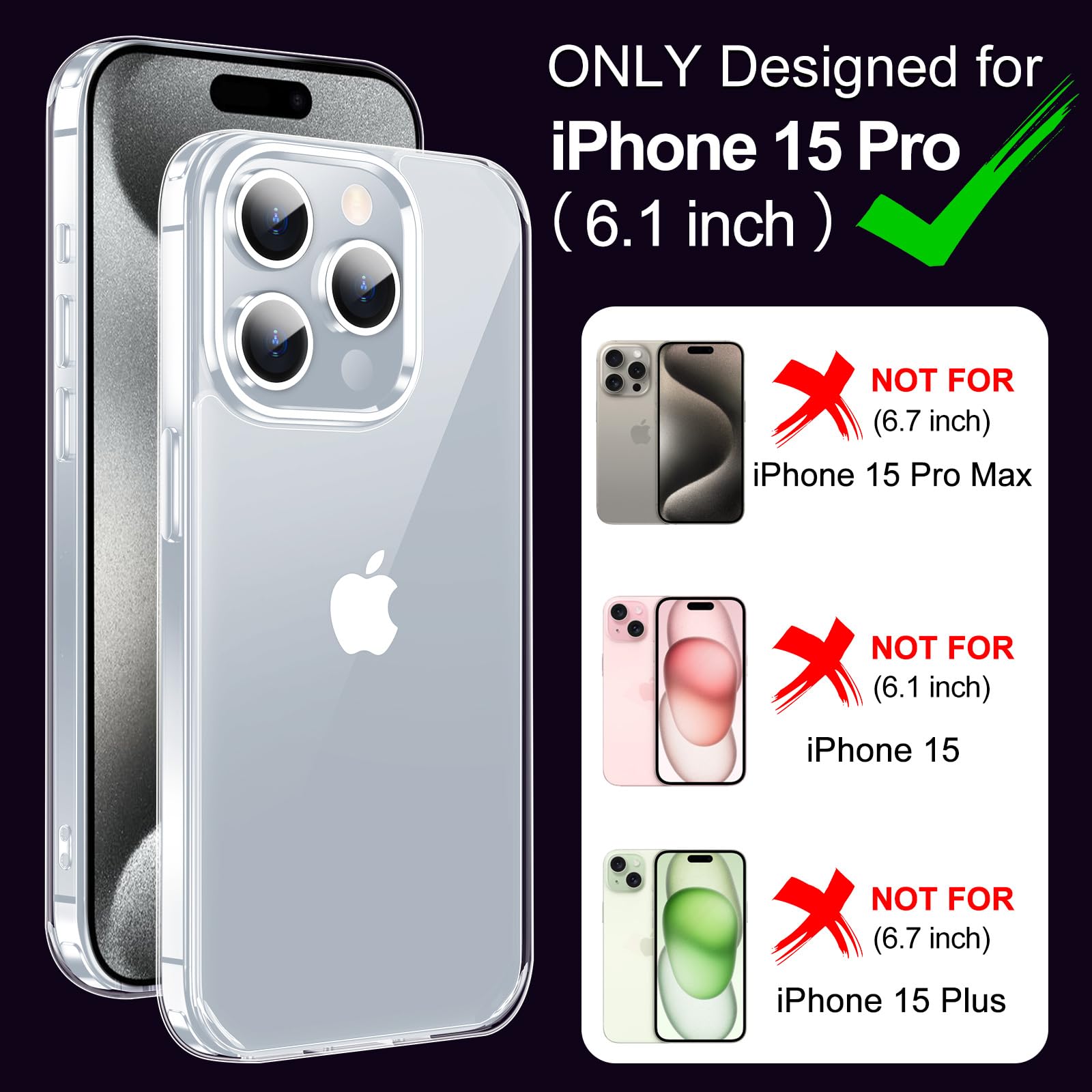 Jaroco For Iphone 15 Pro Case 6.1 Inch, Anti Yellowing Shockproof Phone Bumper Cover, Anti Scratch Clear