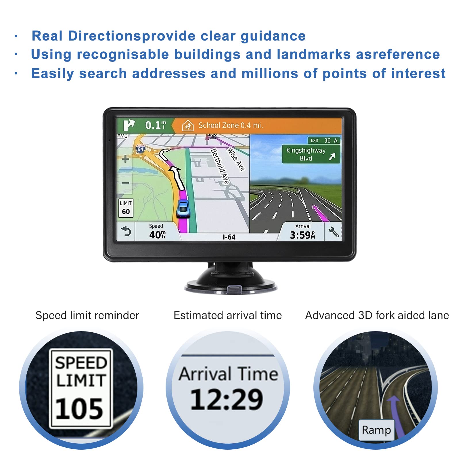 Gps Navigation For Car, 2024 Map 7 Inch Touch Screen Car Gps 256 8Gb, Voice Turn Direction Guidance, Support Speed And Red Light