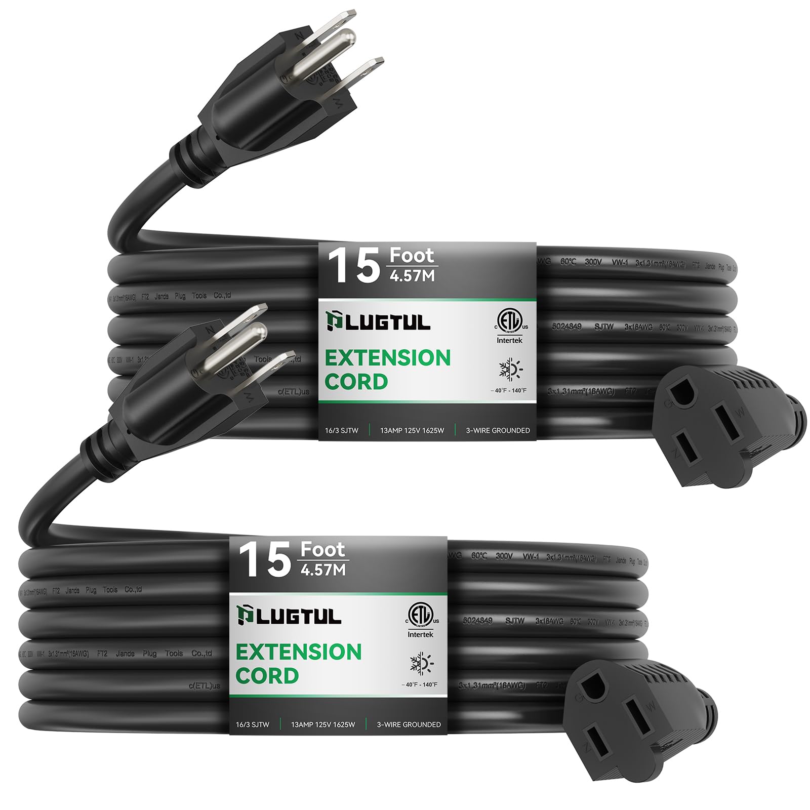 Plugtul 2 Pack 15 Ft Outdoor Extension Cord Waterproof 16/3 Black Heavy Duty 3 Prong Extension Cord, 13A 1625W Sjtw, Etl Listed,