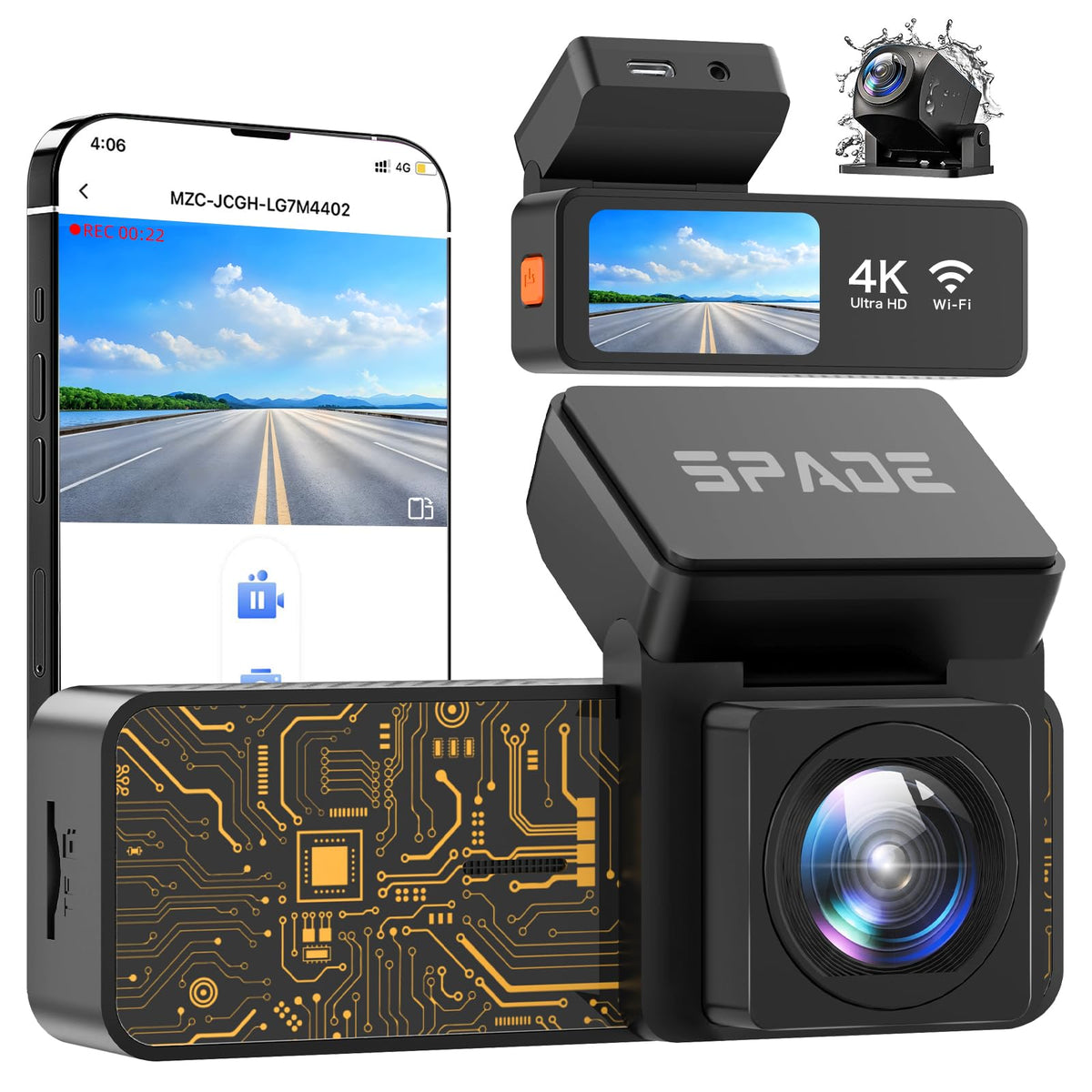 Spade Dash Cam Front And Rear, Built-In Wifi 4K+1080P Dual Camera For Cars, Compact Dashcams With App, Voice Control, 24H Parkin