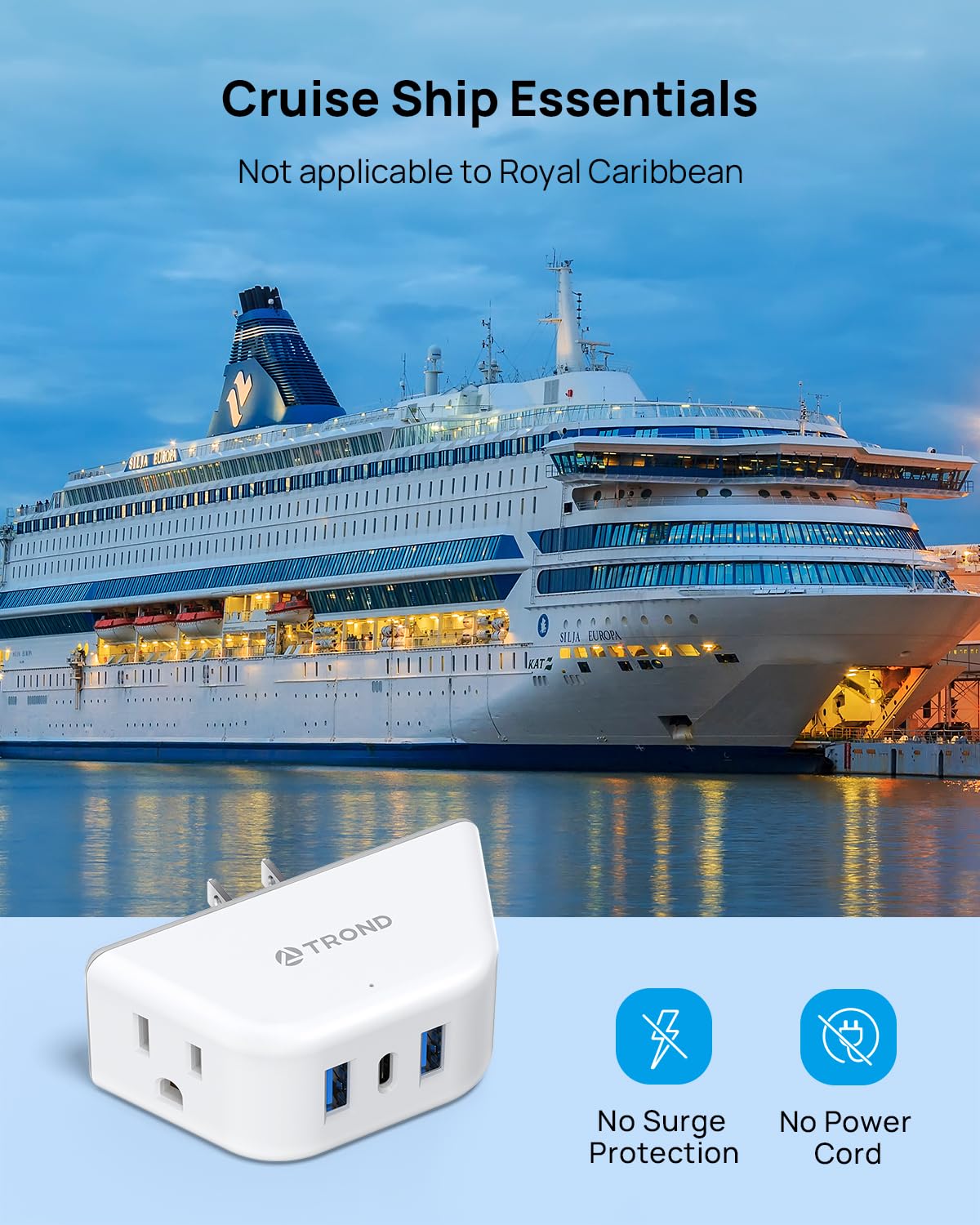 Trond Outlet Extender With Usb, Wall Splitter With 2 Ac Sockets, 3 Usb Ports, 3-Side Design Wall Plug Adapter, Cruise Essentials