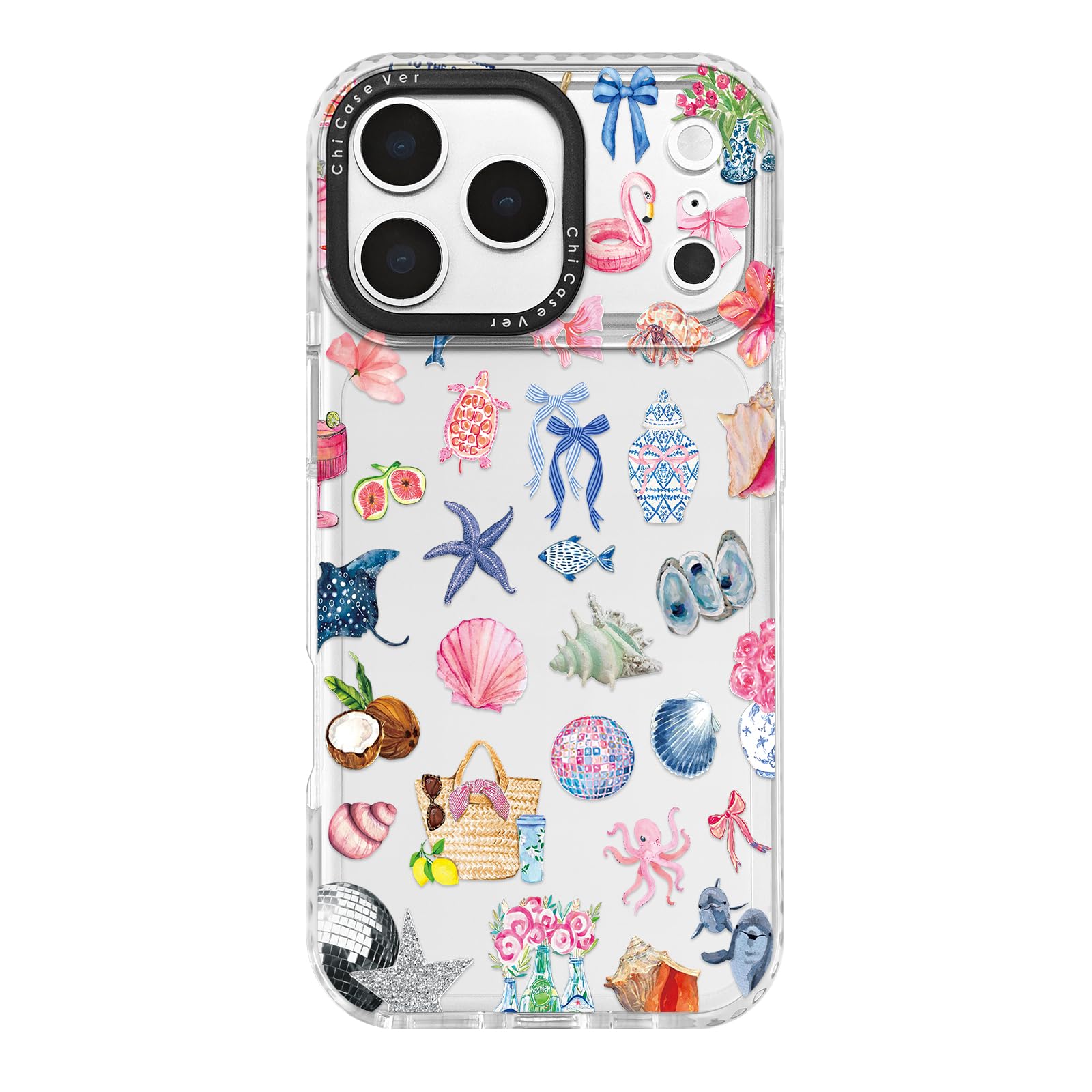 ChiCaseVer for iPhone 17 Pro Case, Tropical Beach Collage Pattern with Shells & Flamingos, Colorful Summery Soft Slim TPU Protec