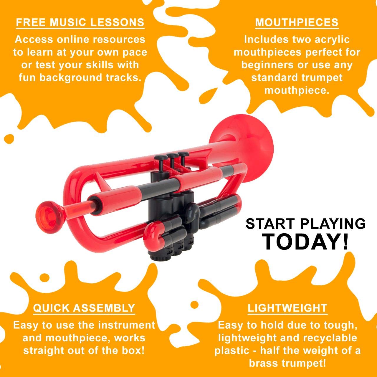 Pinstrument Ptrumpet Plastic Trumpet   Mouthpieces And Carrying Bag   Lightweight Versatile, Comfortable Ergonomic Grip   Bb Aut