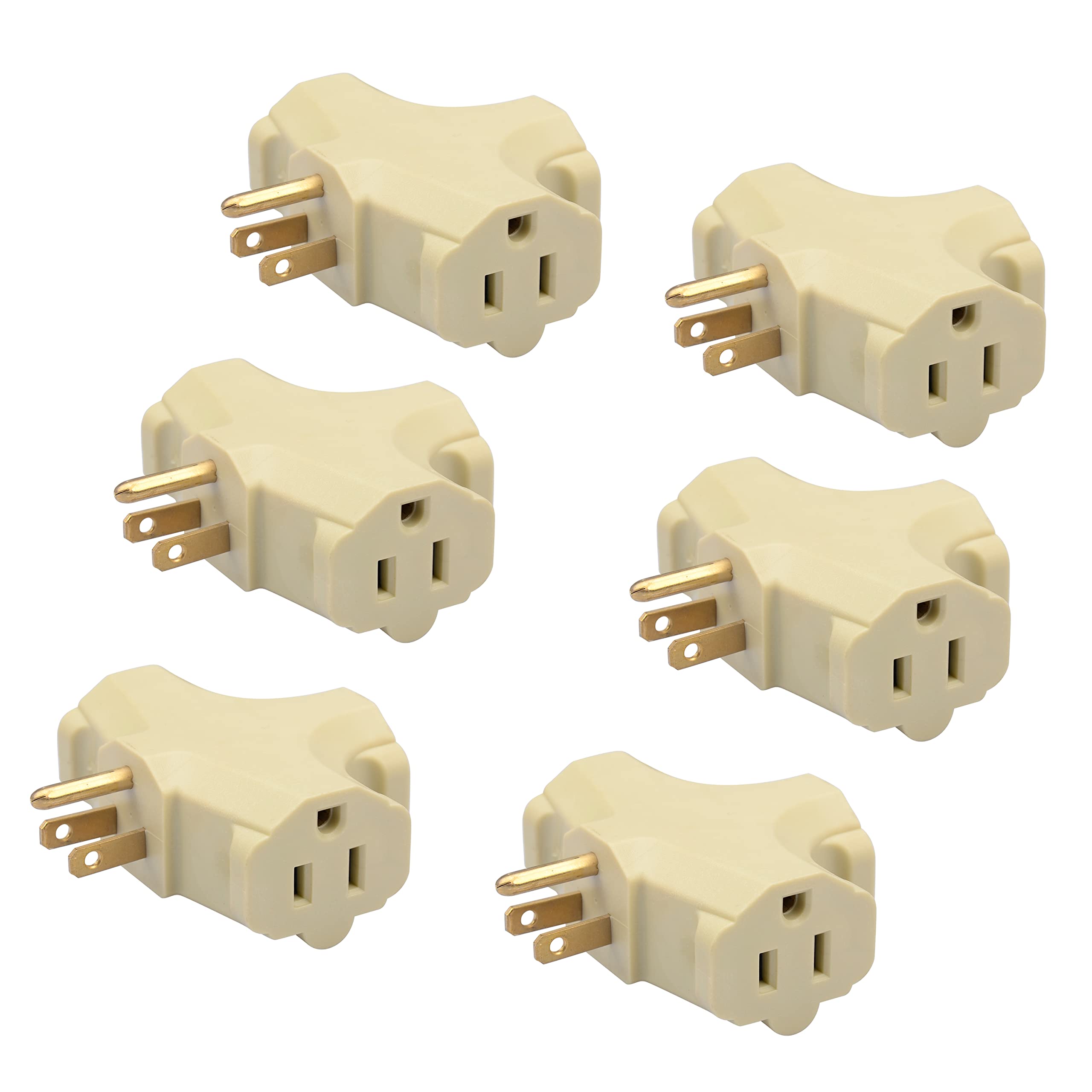 Suresave Usa 3 Outlet Grounding Adapter, Heavy Duty 15 Amp Plug, Fire Retardant Pvc, T Shape Design, Ul Listed, Beige 6 Pack