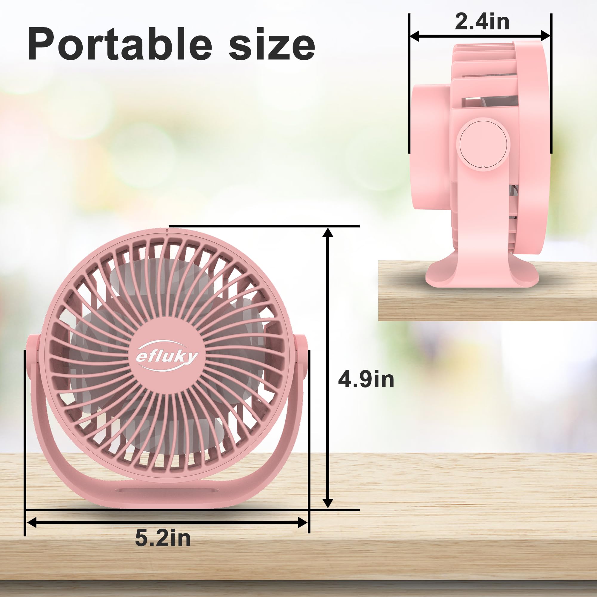 Efluky Usb Small Desk Fan, 3 Speeds Usb Rechargeable Fan Built In Battery, 360 Adjustment Portable Mini Fan Suitable For Home, O