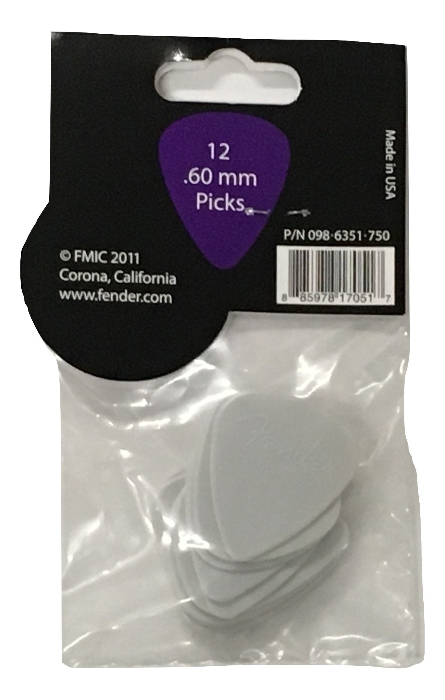 Fender Nylon Guitar Picks 351 Shape, Guitar Accessories, White, 0.60Mm, 12 Pack