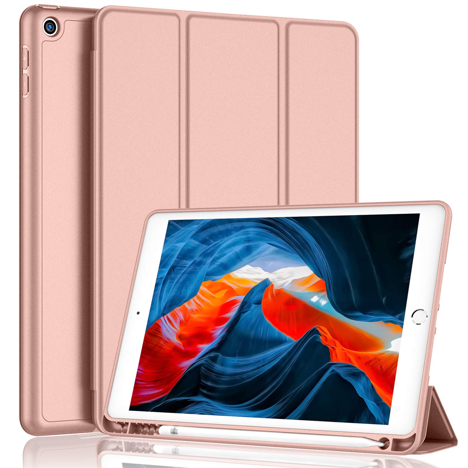 Imieet Ipad 9Th Generation Case 2021/Ipad 8Th Generation Case 2020 10.2 Inch With Pencil Holder, Ipad 7Th Gen 2019 Case With Soft Baby Skin Silicone Back, Auto Wake/Sleep Cover (Rose Gold)