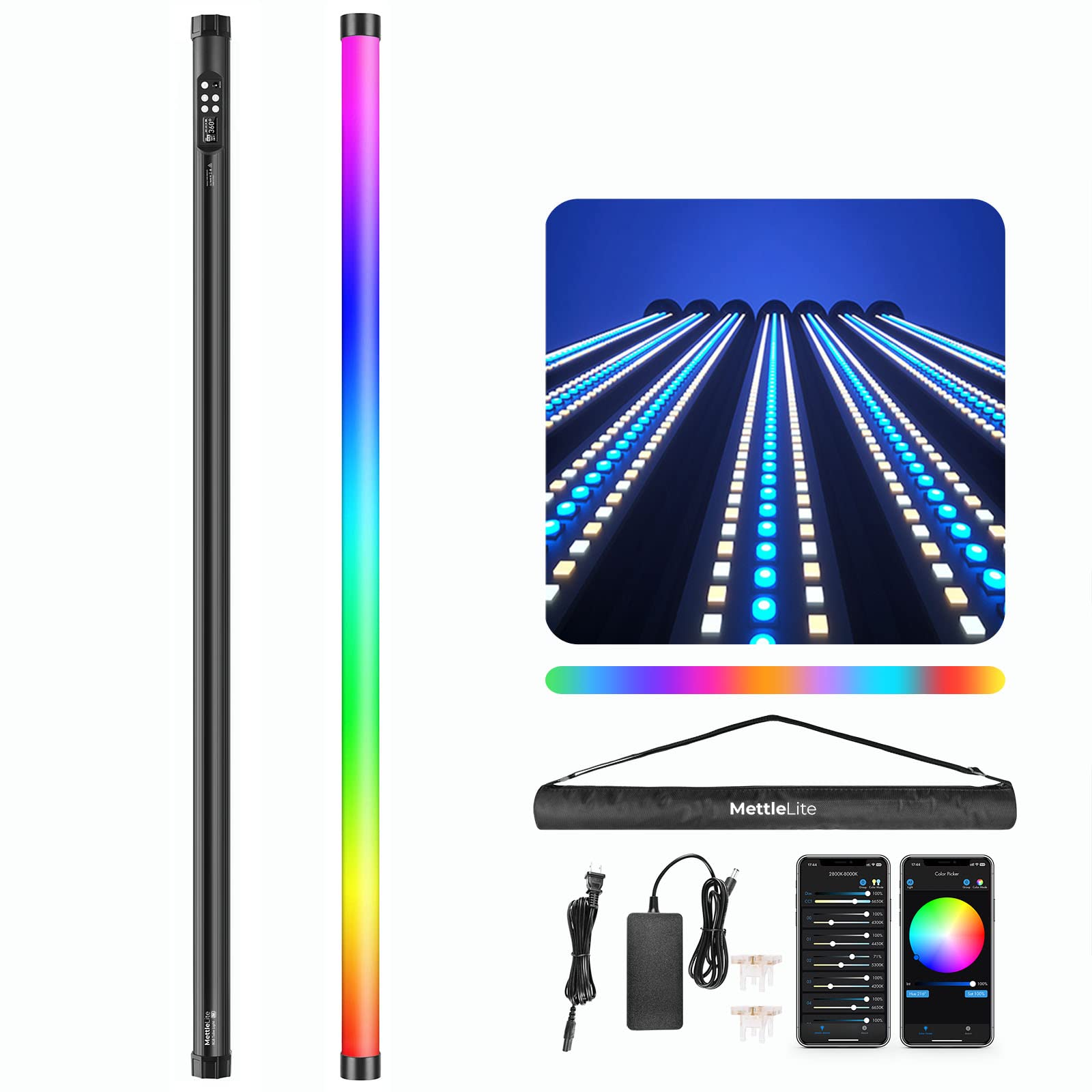 Mettlelite Tlx4 Rgb Tube Light Led Full Color Video Light With App Dmx Control 4 Ft 2800K 8000K Cri96 Tlci97 360 Rgb Cct Hsi Mod