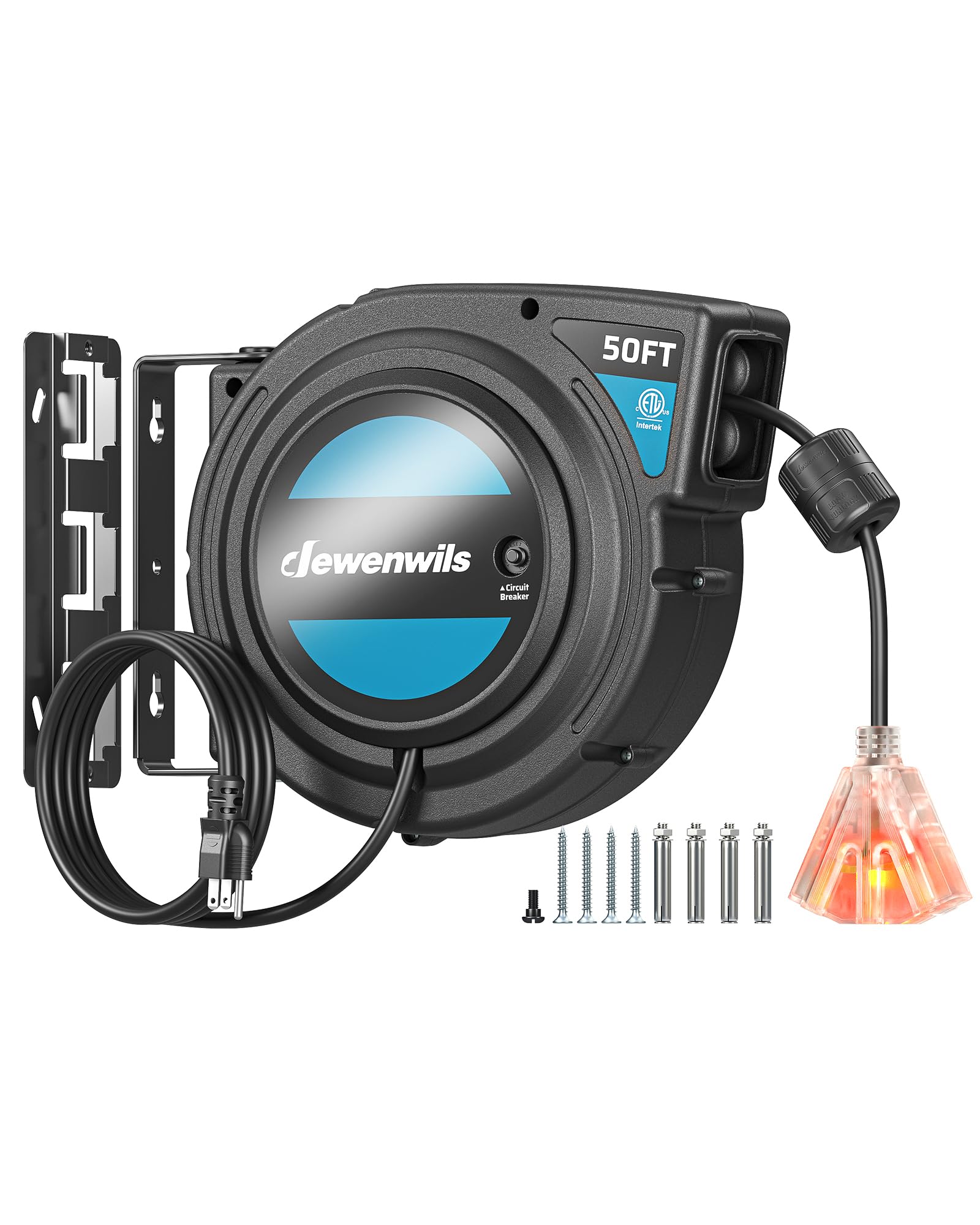 DEWENWILS Extension Cord Reel with Twist-lock Stopper, Brighter Triple Tap Outlet Heavy Duty Power Retractable Cord Reel, 180 Sw