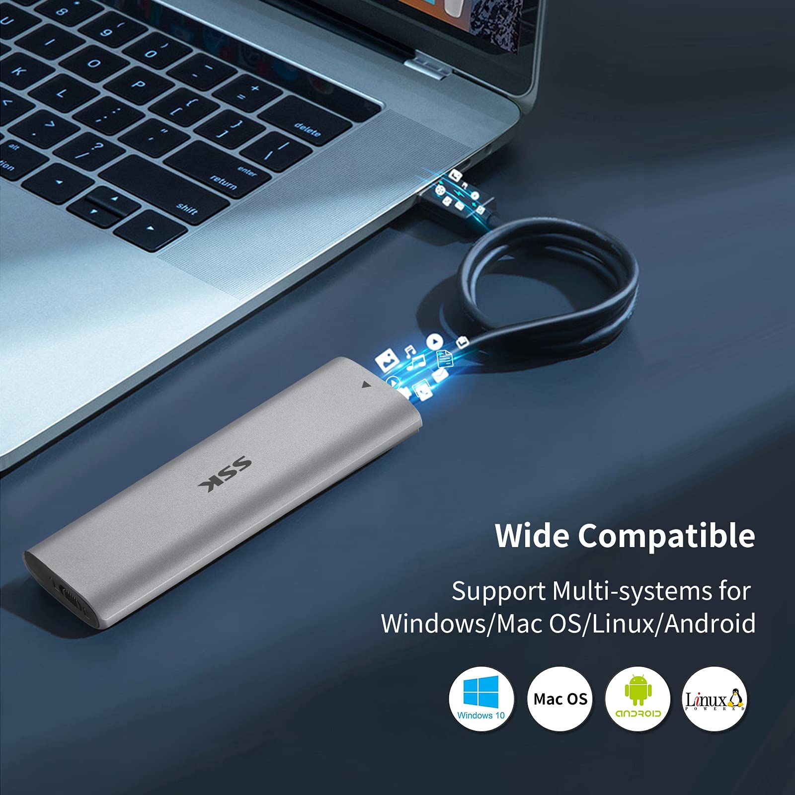 Ssk M.2 Nvme Enclosure, Tool Free Ssd Enclosure Adapter, Usb C 3.2 Gen 2 10Gbps Pcie Mkey External Solid State Drive Case, Support Uasp Trim For 2230/2242/2260/2280 (Sata Not Supported)