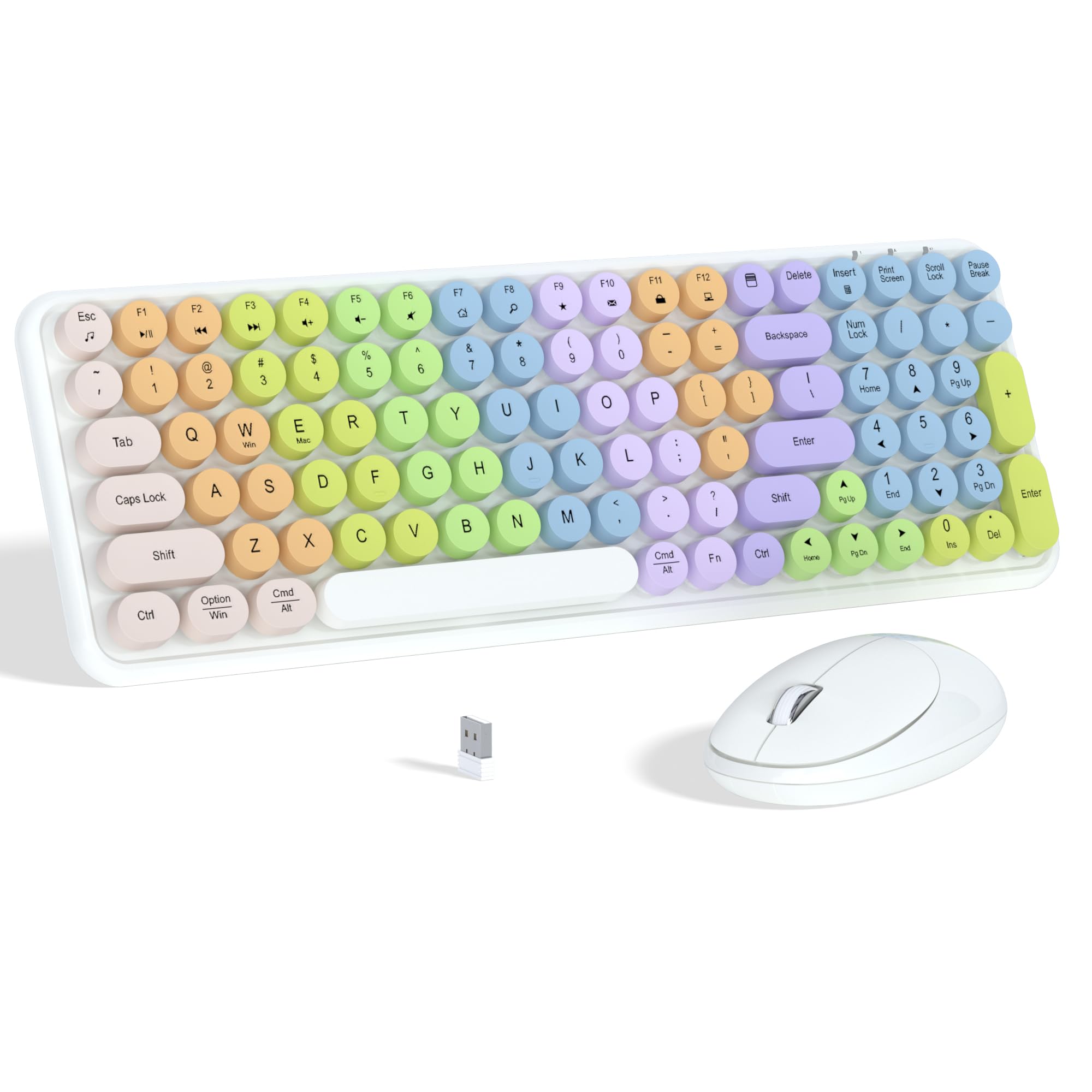 Colorful Wireless Keyboard Mouse Combo, Gradient Rainbow Colors 100 Keys And 2.4Ghz Optical Mouse Connection For Windows, Mac, L
