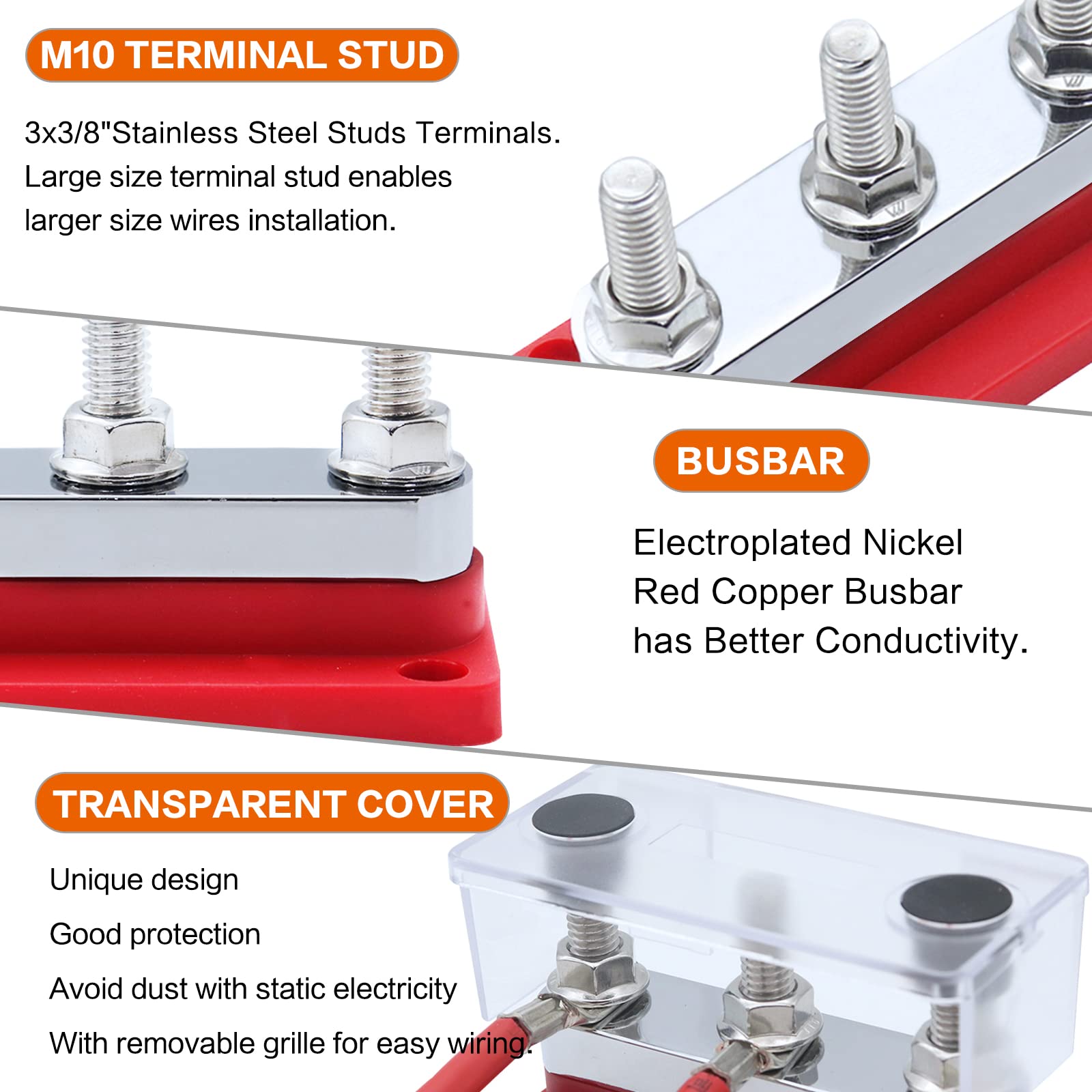 Amomd 2Pcs 600A Bus Bar 3 Stud (3/8 Inch) M10 High Current Nickel Plated Copper Distribution Block Busbar Negative Electrical Ba