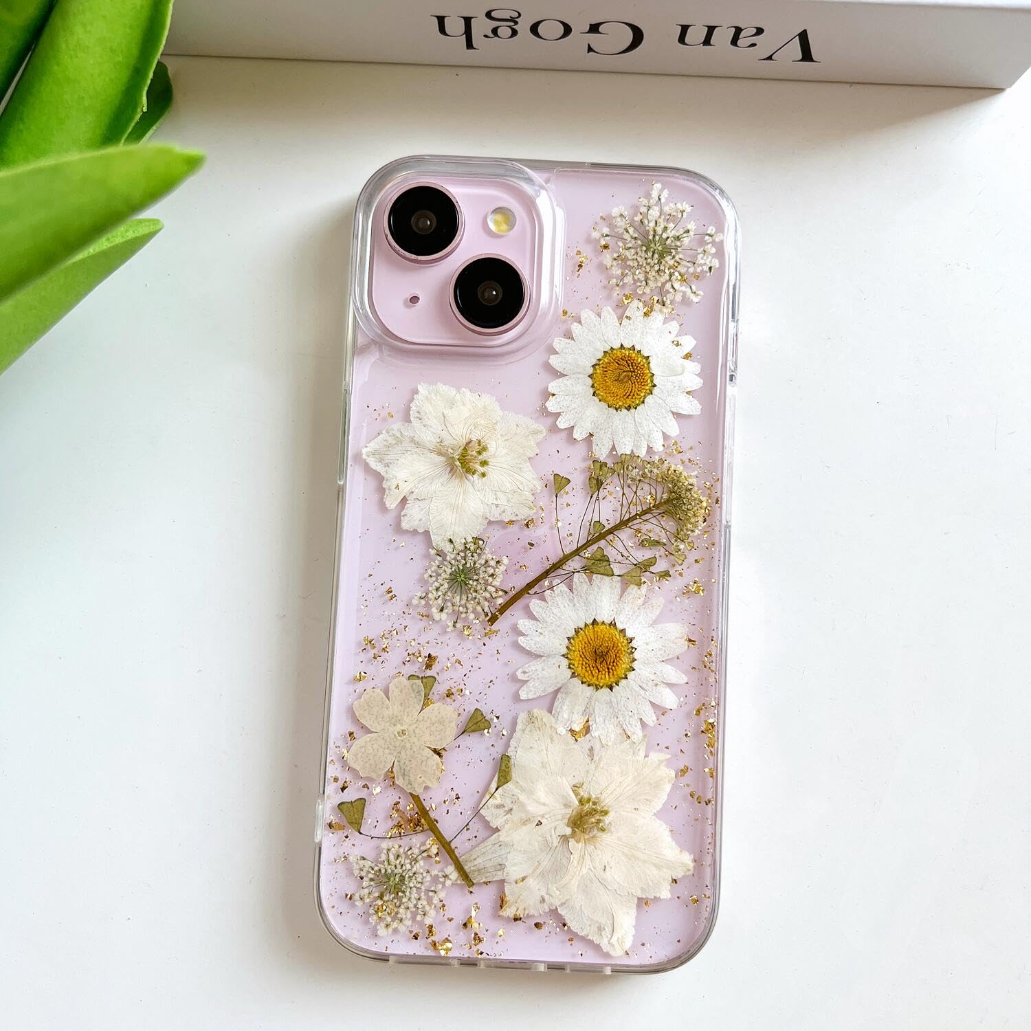Lseeka For Iphone 13 / Iphone 14/ Iphone 15 Clear Case With Pressed Real Flowers Design,Glitter Cute White Floral Pattern Soft T
