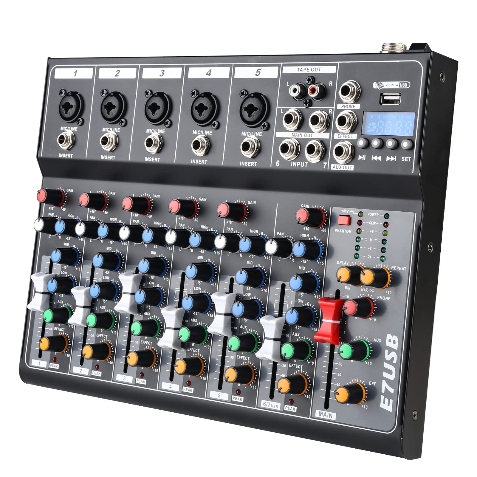 Dj Mixers 7 Channel Audio Mixer Sound Board With Bluetooth, Usb Audio Interface With 48V Phantom Power Sounds Mixer Board With F