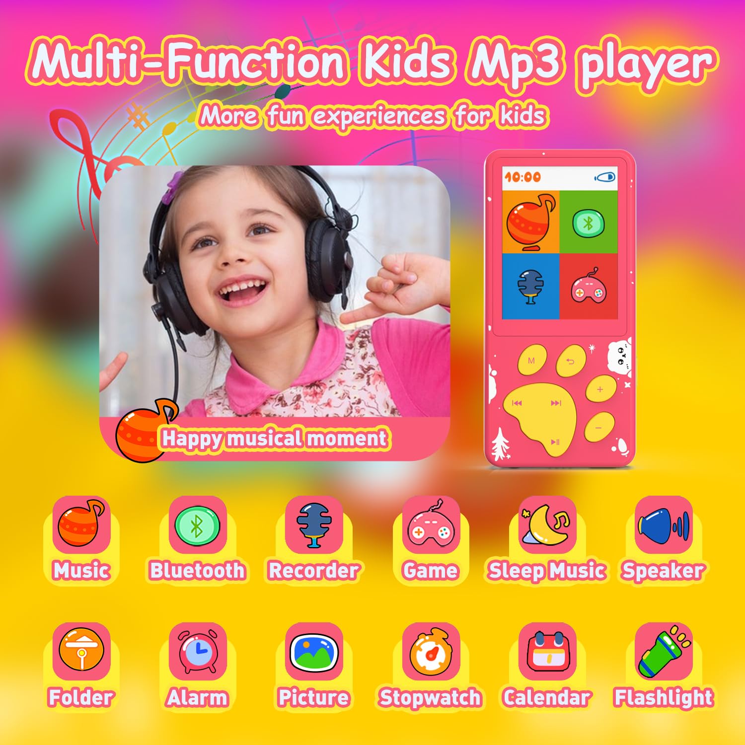 Mp3 Player For Kids,32Gb Pink Kids Mp3 Player With Bluetooth,Speaker, 2.4 Inch Color Screen,Soothing Sound,Flashlight,Games,Voic