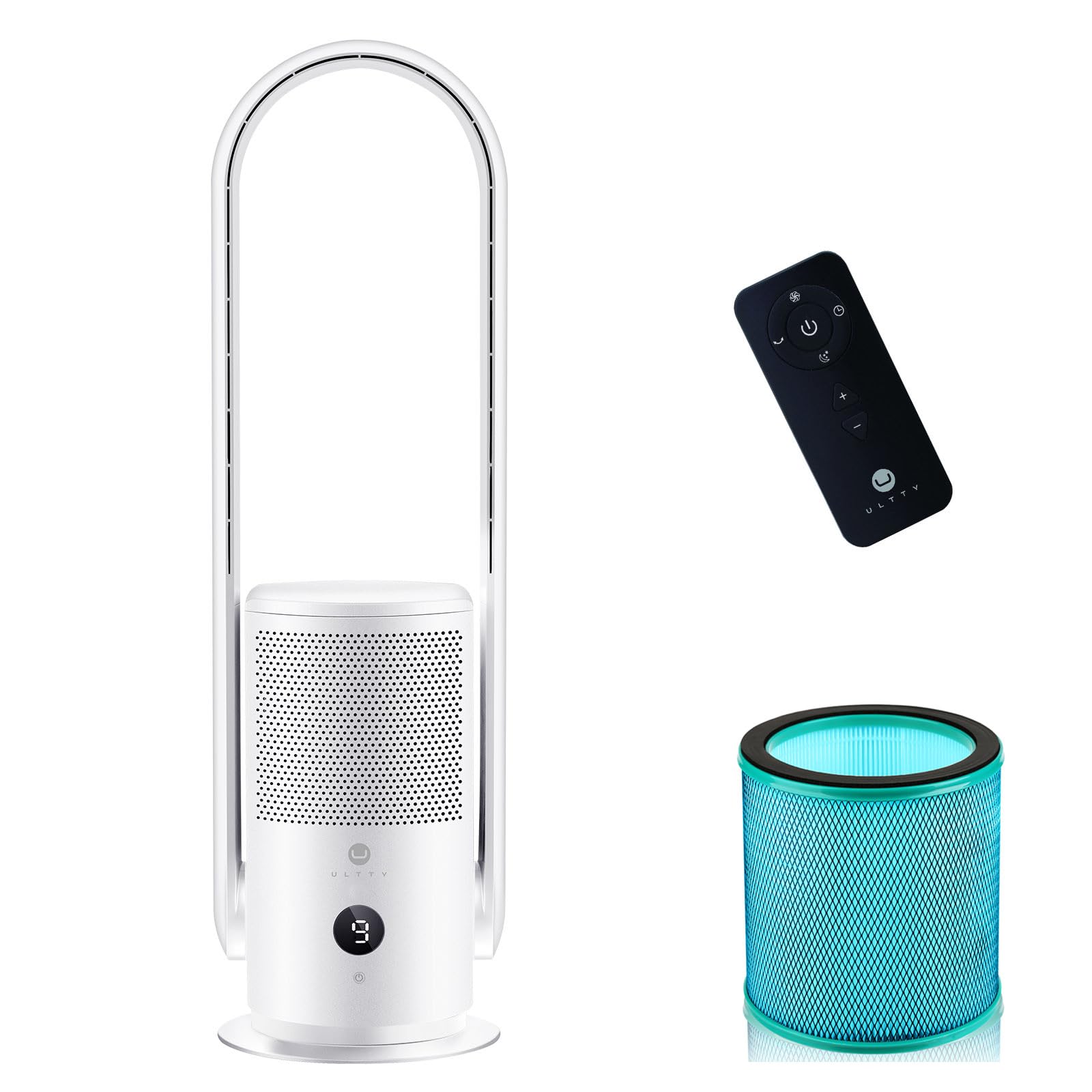 U ULTTY Bladeless Tower Fan and Air Purifier in one, True HEPA Filter 99.97% Smoke Dust Pollen Dander, Oscillating Tower Fan wit