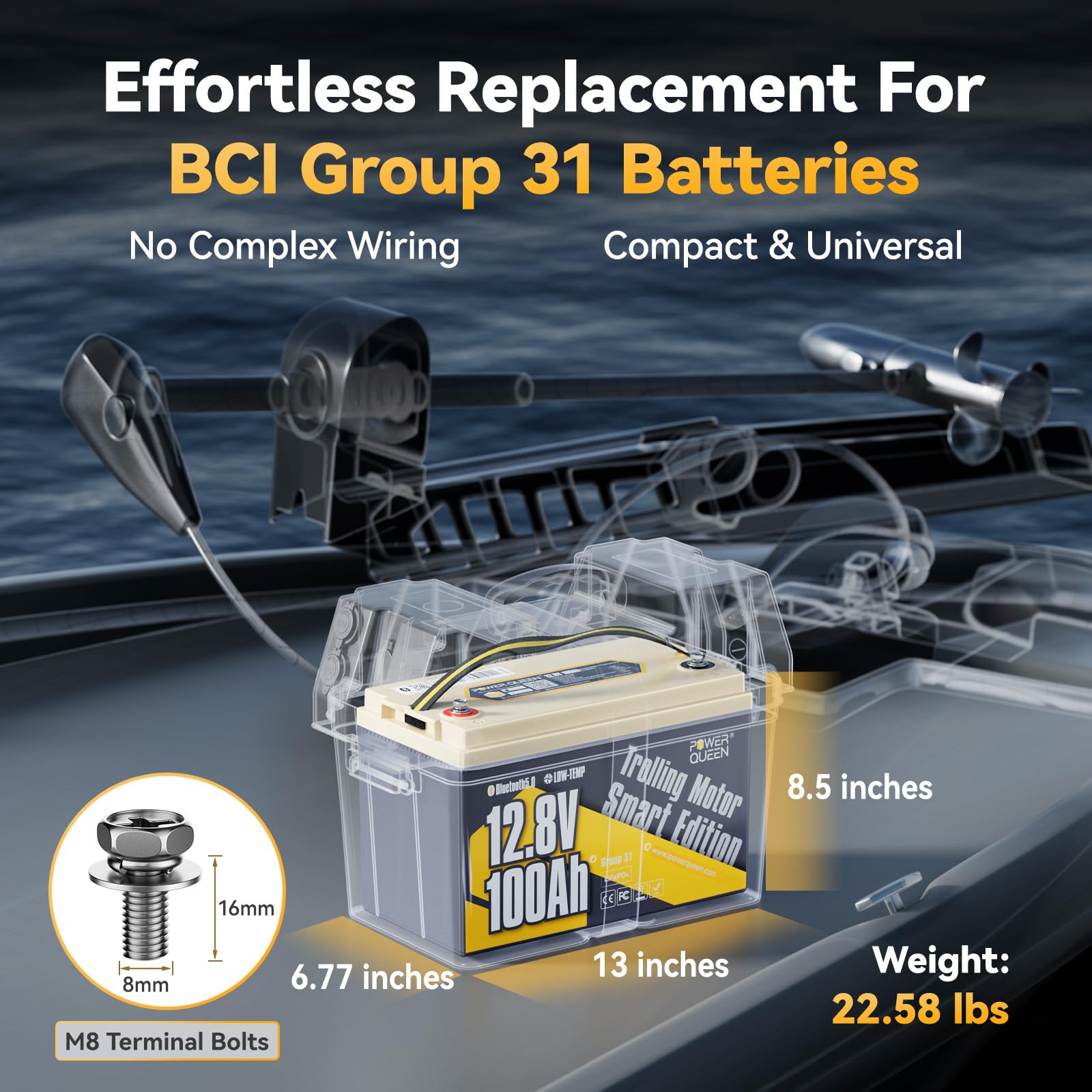 Power Queen 12V 100Ah Group 31 Lifepo4 Battery Bluetooth 5.0, Deep Cycle Lifepo4 Battery Max. Output Power 1280W, 100A Bms With