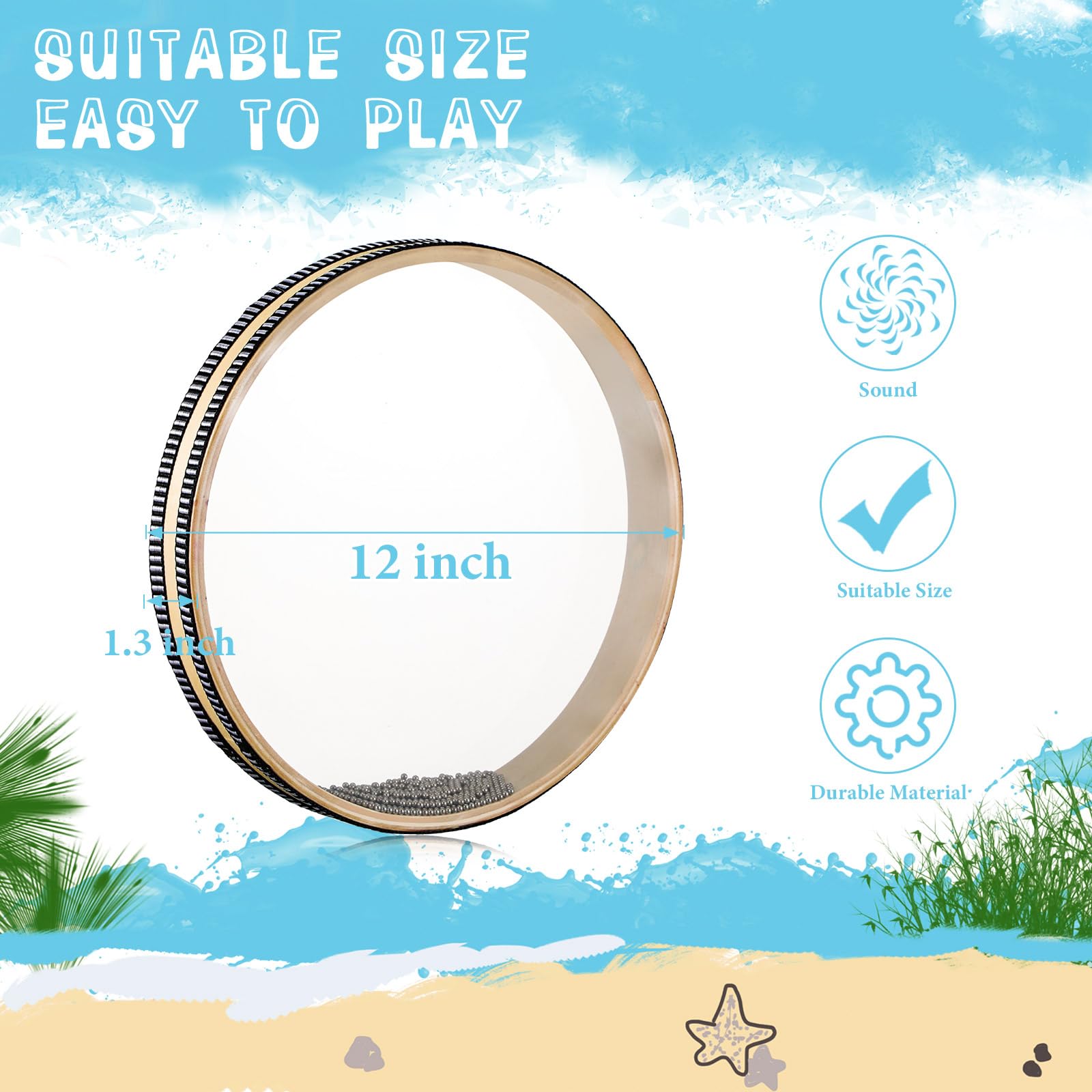 Boao Sea Drum 12 Inches Wave Bead Hand Natural Color Sound Wave With Hardwood Shell Sea Drum Musical Instrument Percussion For H