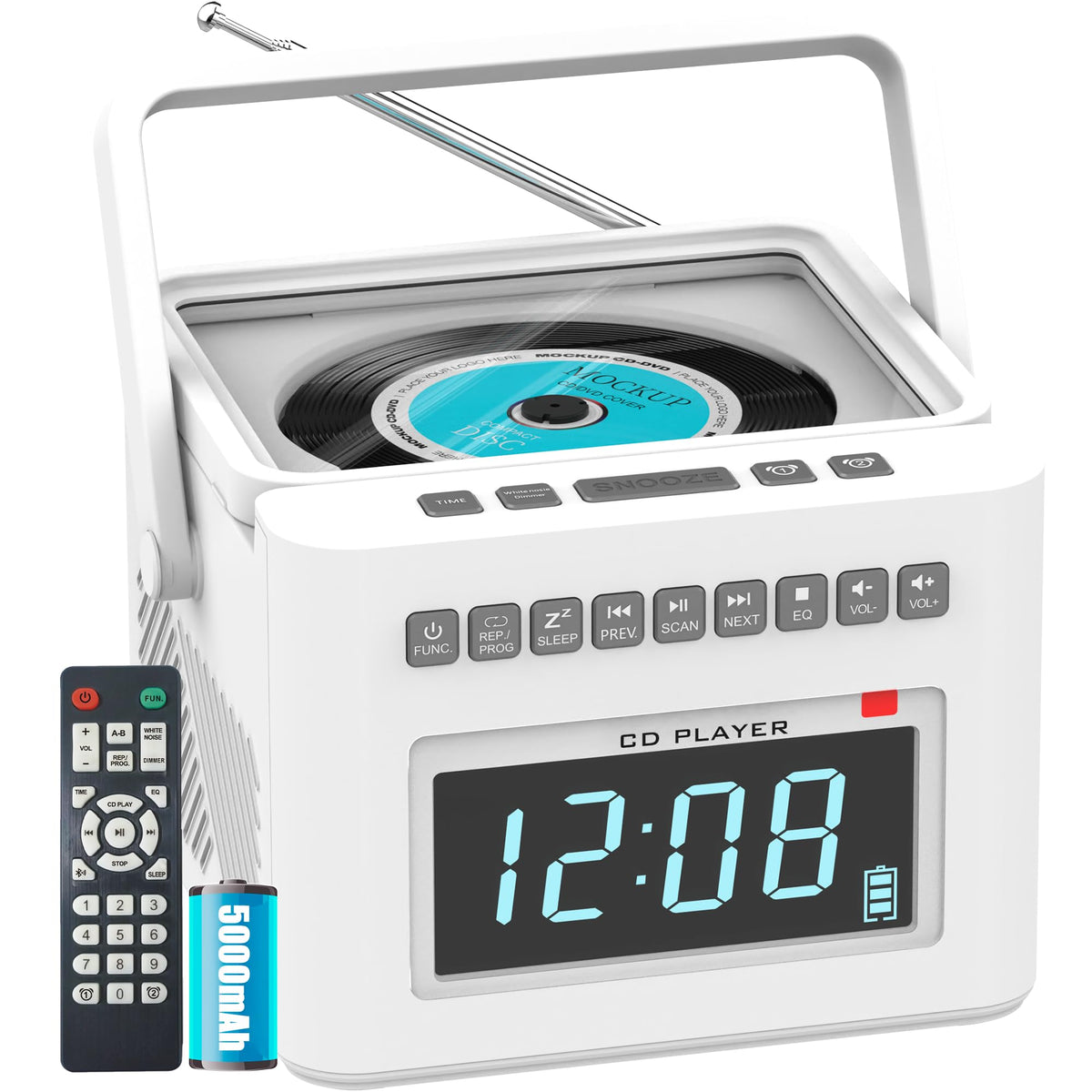 Greadio Rechargeable Cd Player Alarm Clock With 8 White Noise Machine, Bluetooth Boombox Clock Radio With Remote Control, Suppor