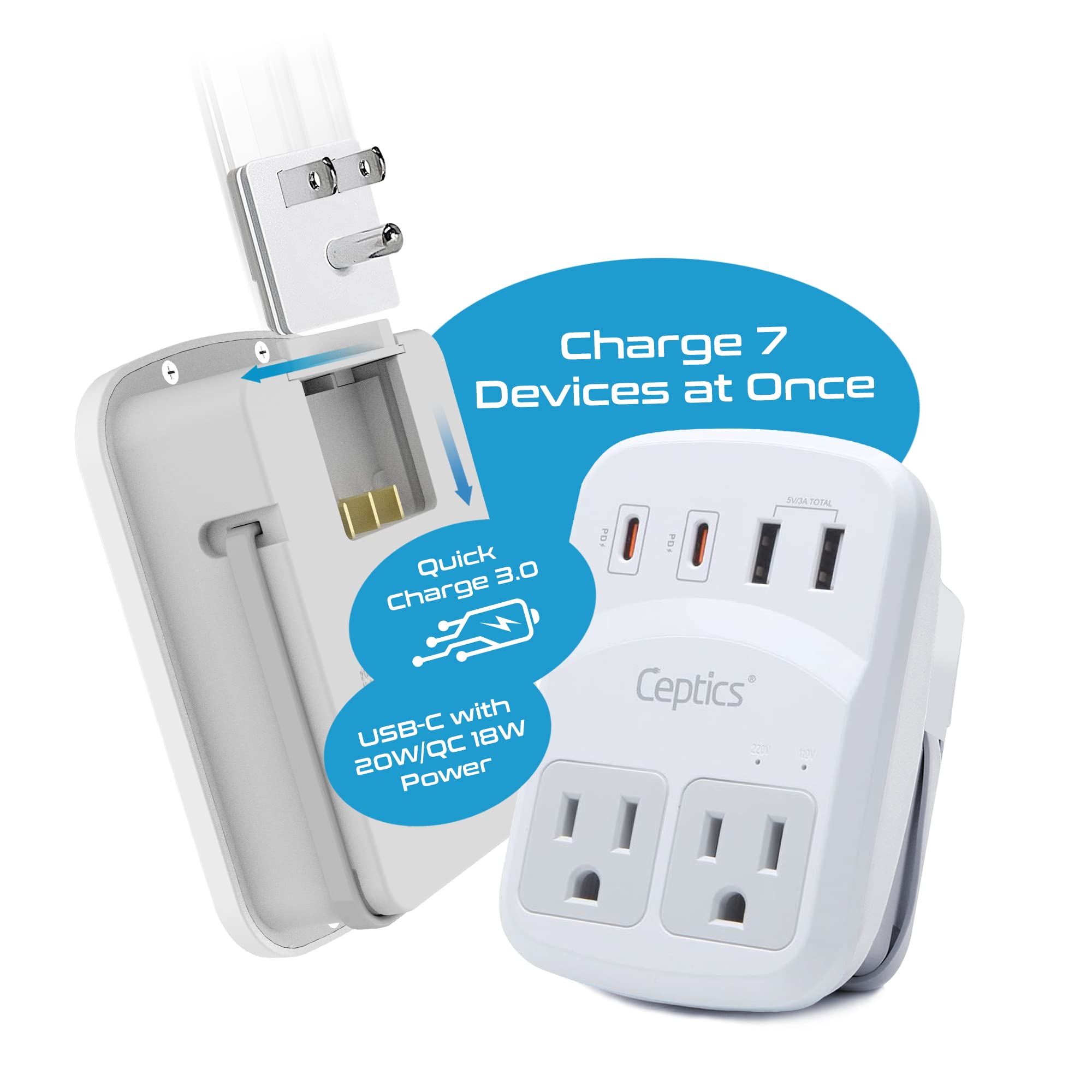 Ceptics World Travel Adapter Kit 2 Usb-A, Usb-C Us Outlets, 20W/Qc 18W Power Delivery, Surge Protection, Swadapt Compatible For