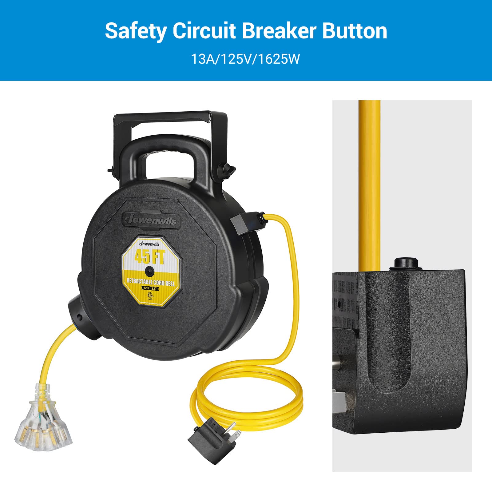 Dewenwils 45Ft Retractable Extension Cord Reel, Wall/Ceiling Mountable Electrical Cord Reel With Lighted Triple Outlets, 12/3 Sj