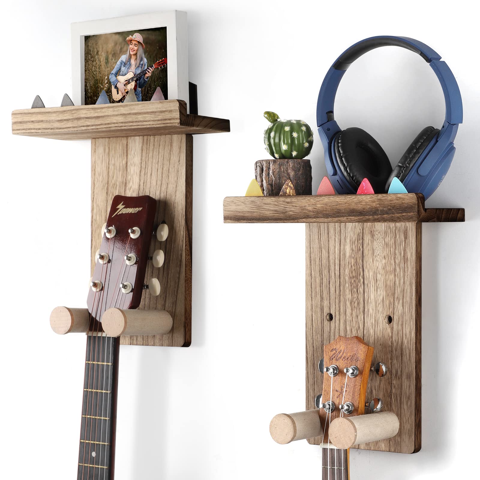 Keebofly Guitar Wall Mount,2 Pack Guitar Hanger Wall Guitar Shelf With Pick Holder Wood Guitar Rack For Acoustic Or Electric Gui