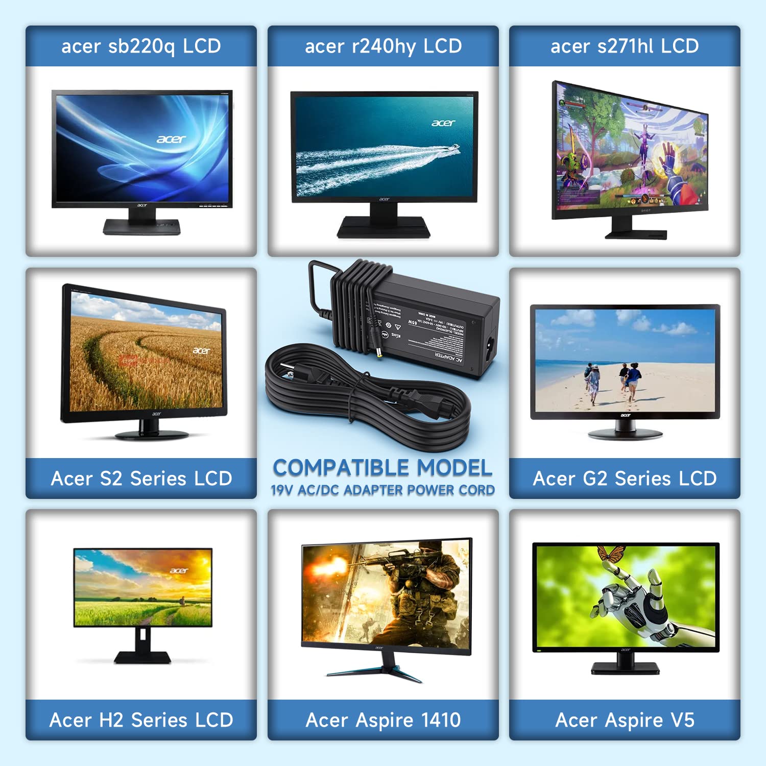 19V Power Cord For Acer Lcd Monitor S231Hl S232Hl S202Hl S230Hl, Ac/Dc Adapter For H236Hl G246Hl H276Hl G276Hl G236Hl S240Hl S22