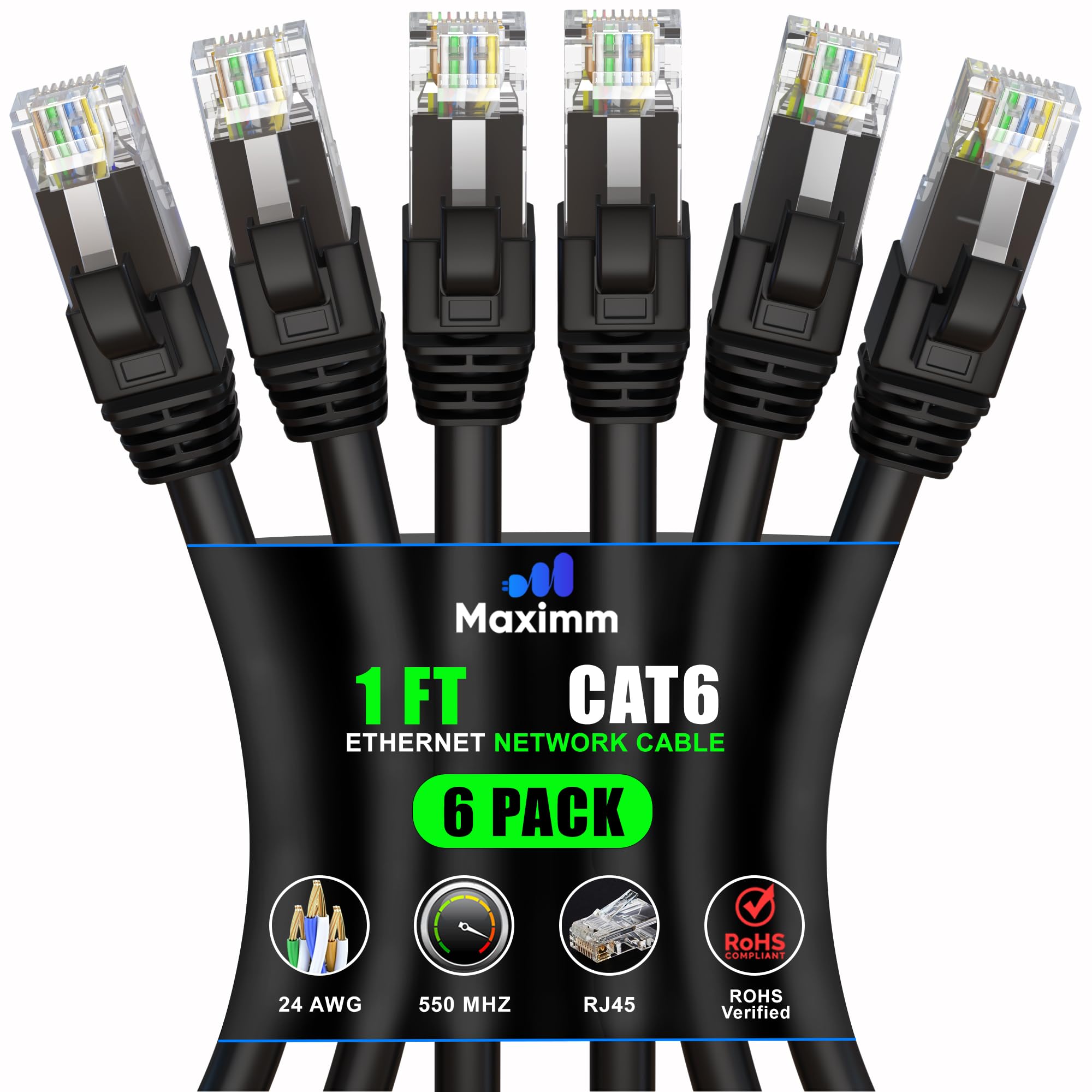 Maximm Cat 6 Ethernet Cable 1 Ft (6 Pack)   High Speed Lan Cable, Internet Cable, Patch Cable, And Network Cable   Utp, 10Gbps, 550Mhz Ethernet Cord   Black