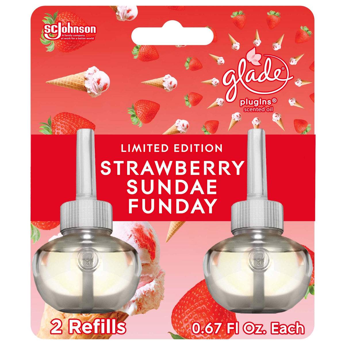 Glade Plugins Refills Air Freshener, Scented And Essential Oils For Home And Bathroom, Strawberry Sundae Funday, 1.34 Oz, 2 Coun