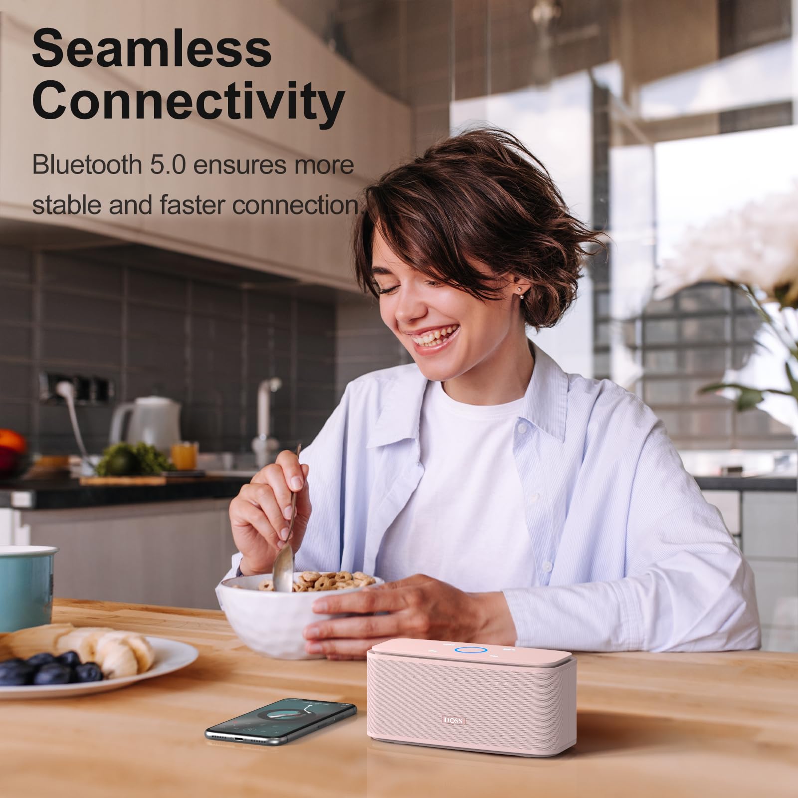 Doss Bluetooth Speaker, Soundbox Touch Portable Wireless Bluetooth Speaker With 12W Hd Sound And Bass, Ipx5 Waterproof, 20H Playtime,Touch Control, Handsfree, Speaker For Home,Outdoor  Light Pink