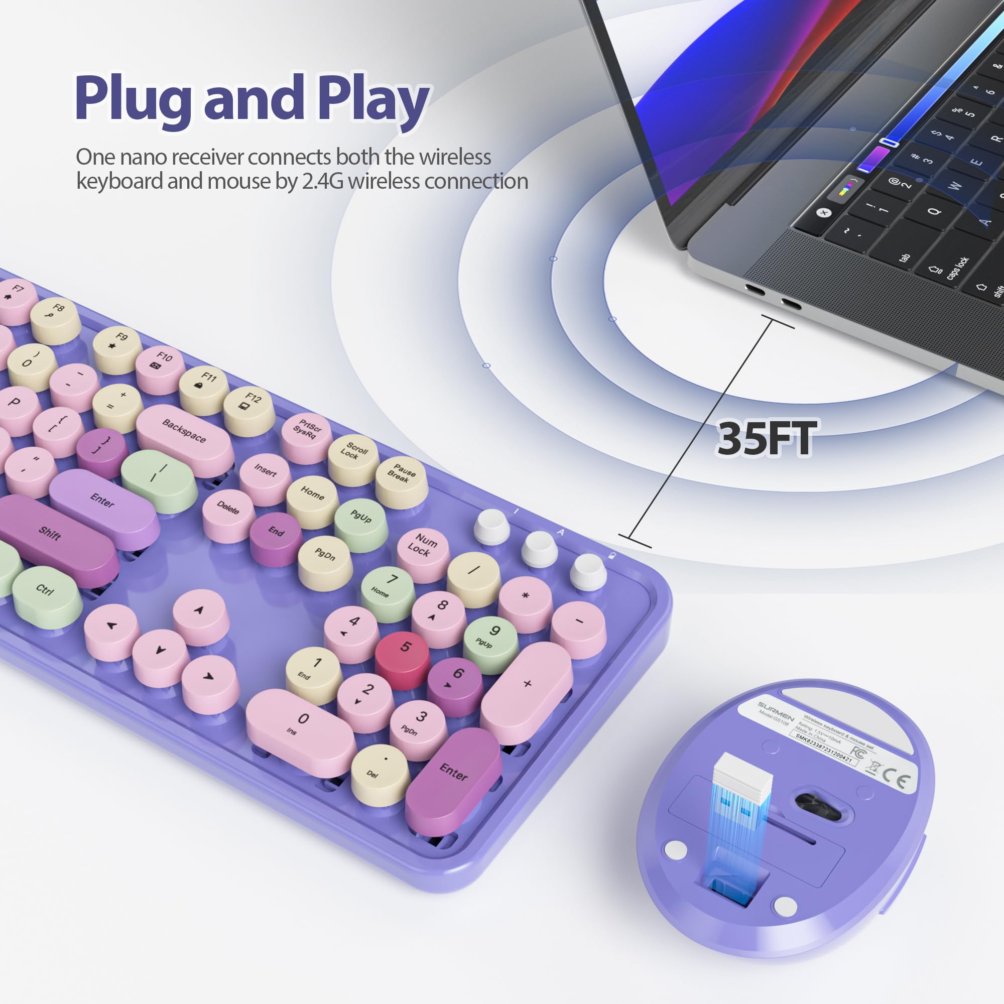 Fogruaden Purple Keyboard And Mouse Wireless, Retro Typewriter Keyboard, 2.4Ghz 104 Keys Full Size Cute Keyboard With Number Pad