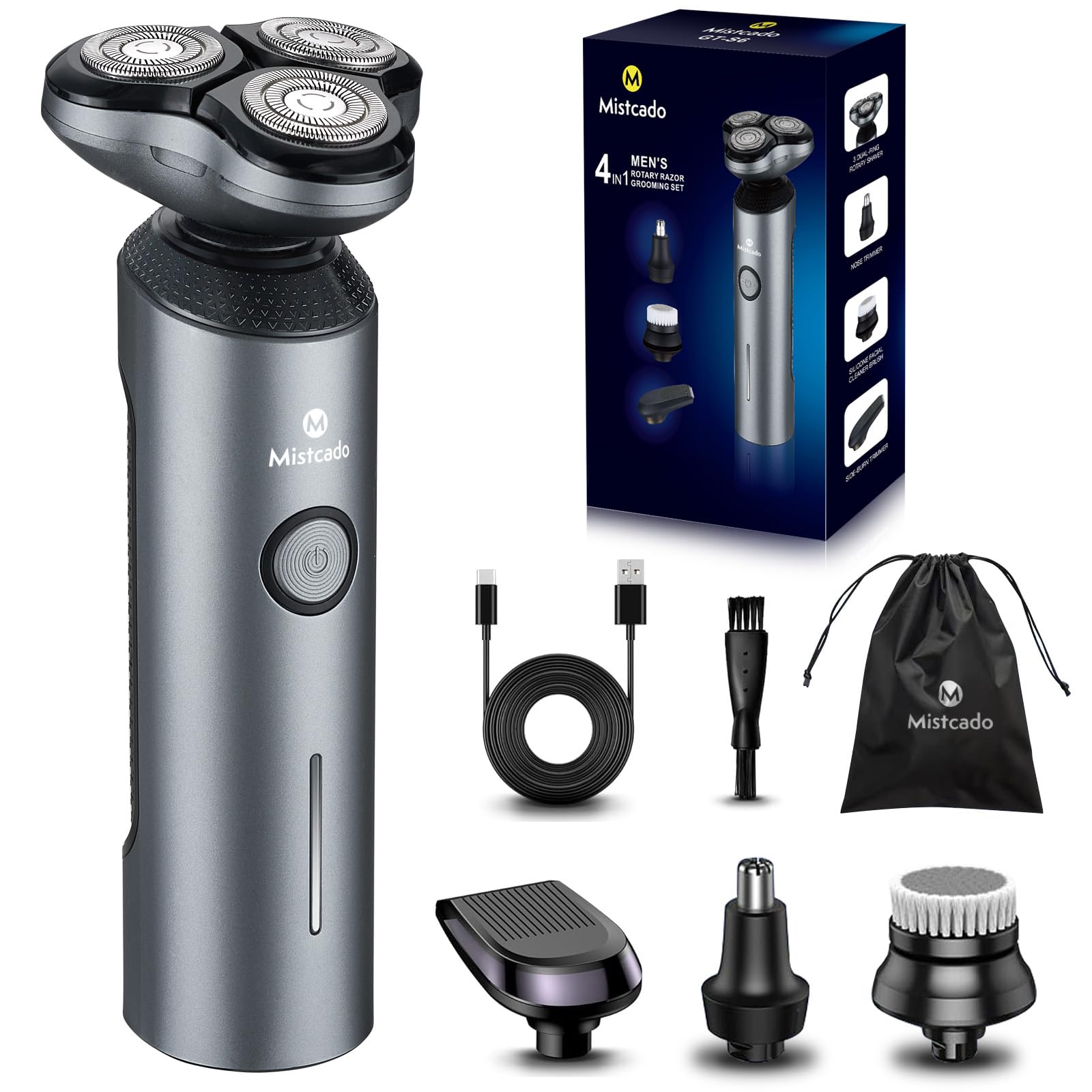 Electric Razor For Men, 4 In 1 Face Rechargeable Shaver Kit, Cordless Waterproof Rotary Razors With Travel Beard Trimmer, Nose T