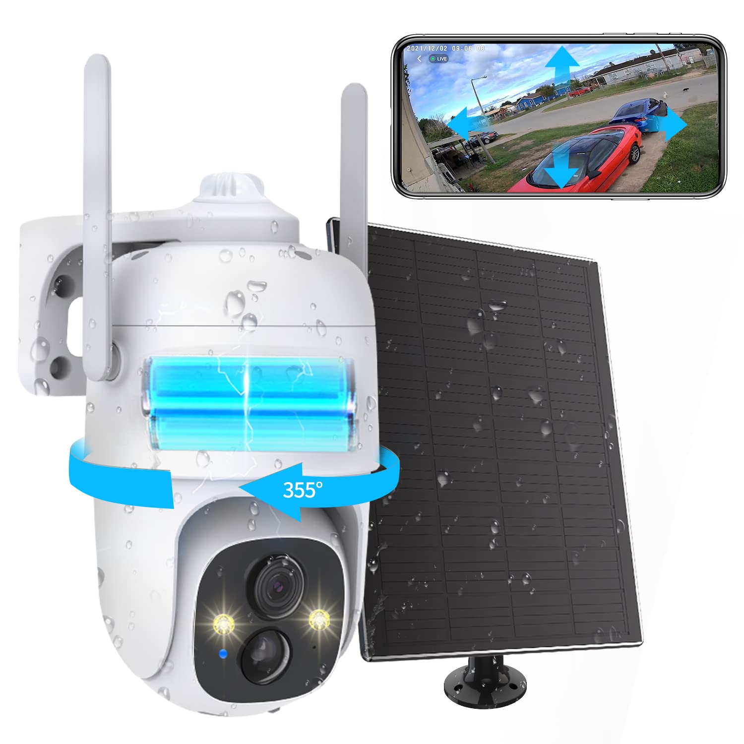 2K Ptz Solar Wifi Security Camera With Ai Motion, Color Night Vision, 360 View, Waterproof, Alarm   Rechargeable Battery