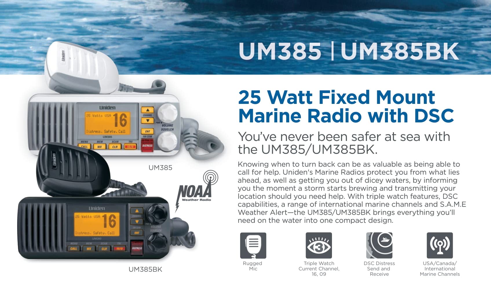 Uniden Um385 25 Watt Fixed Mount Marine Vhf Radio, Waterproof Ipx4 With Triple Watch, Dsc, Emergency/Noaa Weather Alert, All Usa